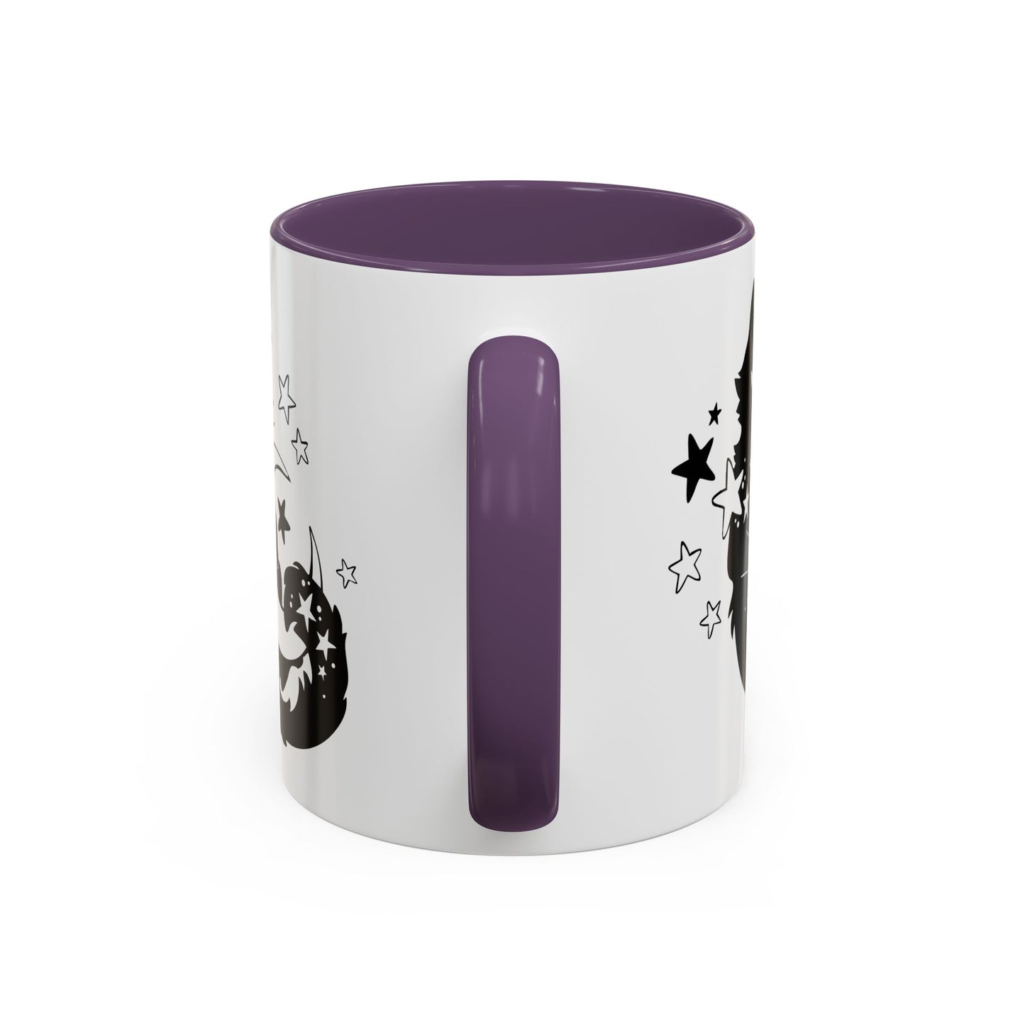 White mug with black interior and handle, featuring star designs on a white background