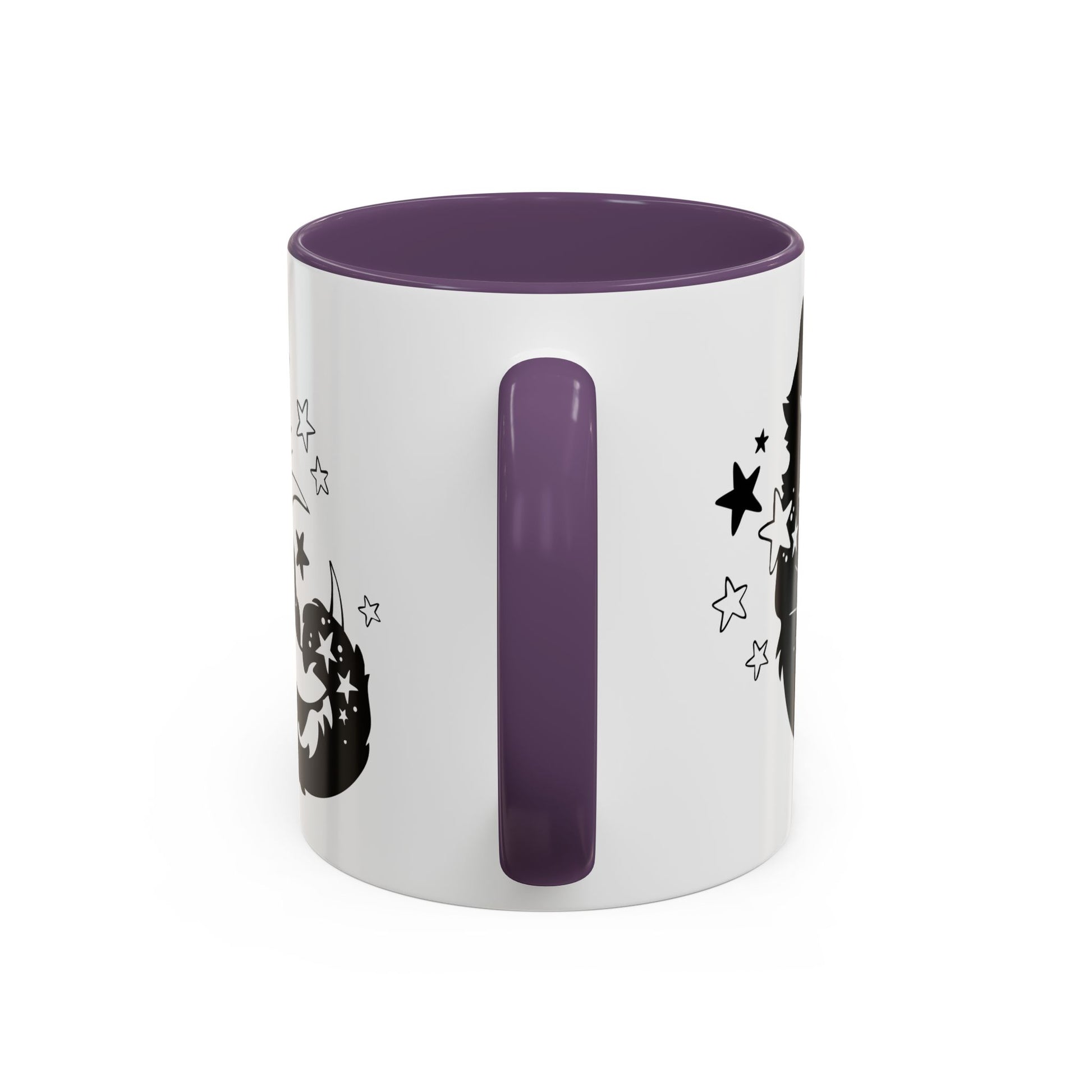 White mug with black interior and handle, featuring star designs on a white background