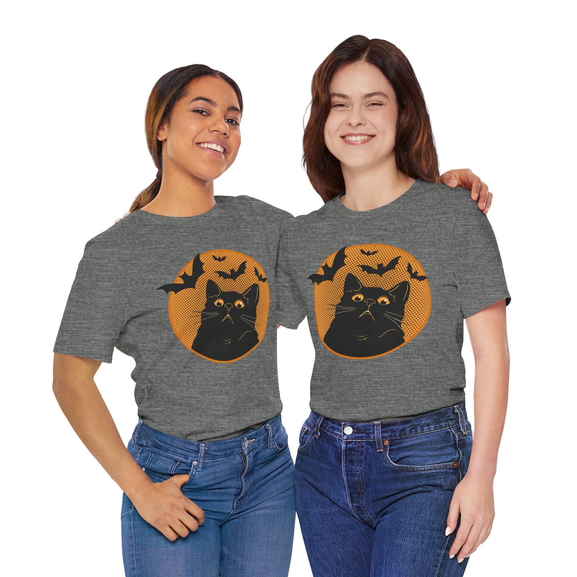 Two women wearing Halloween-themed gray t-shirts with black cat and bat designs.