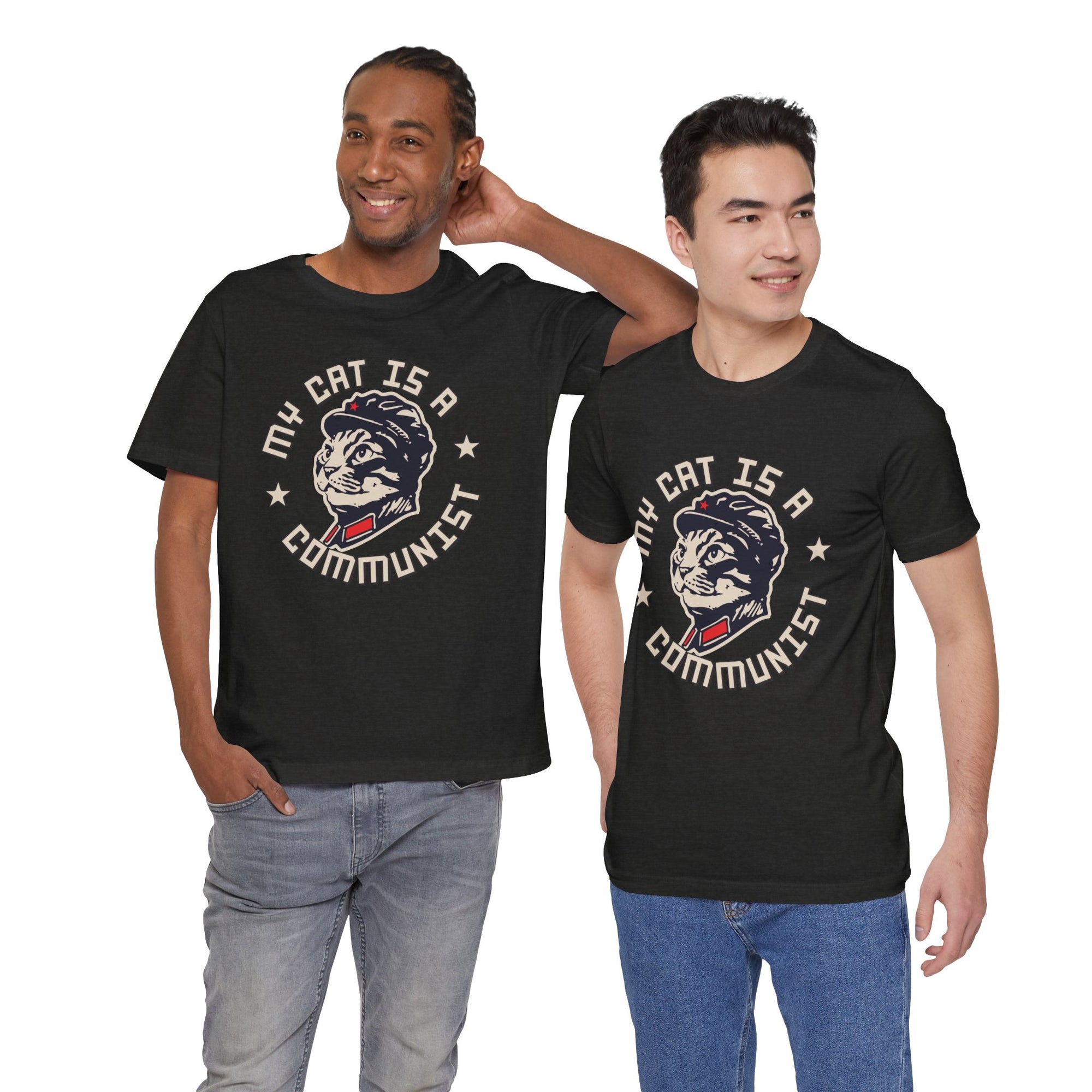 Two men wearing black t-shirts with a graphic design and text.