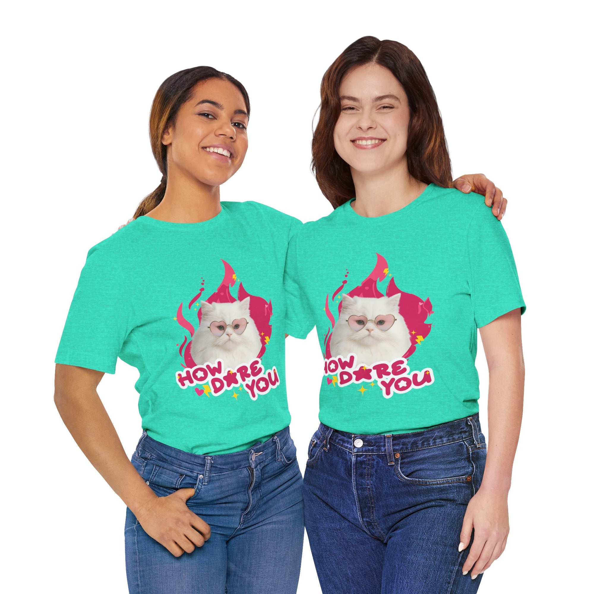 Two people wearing matching green t-shirts with a cat graphic and text on a white background