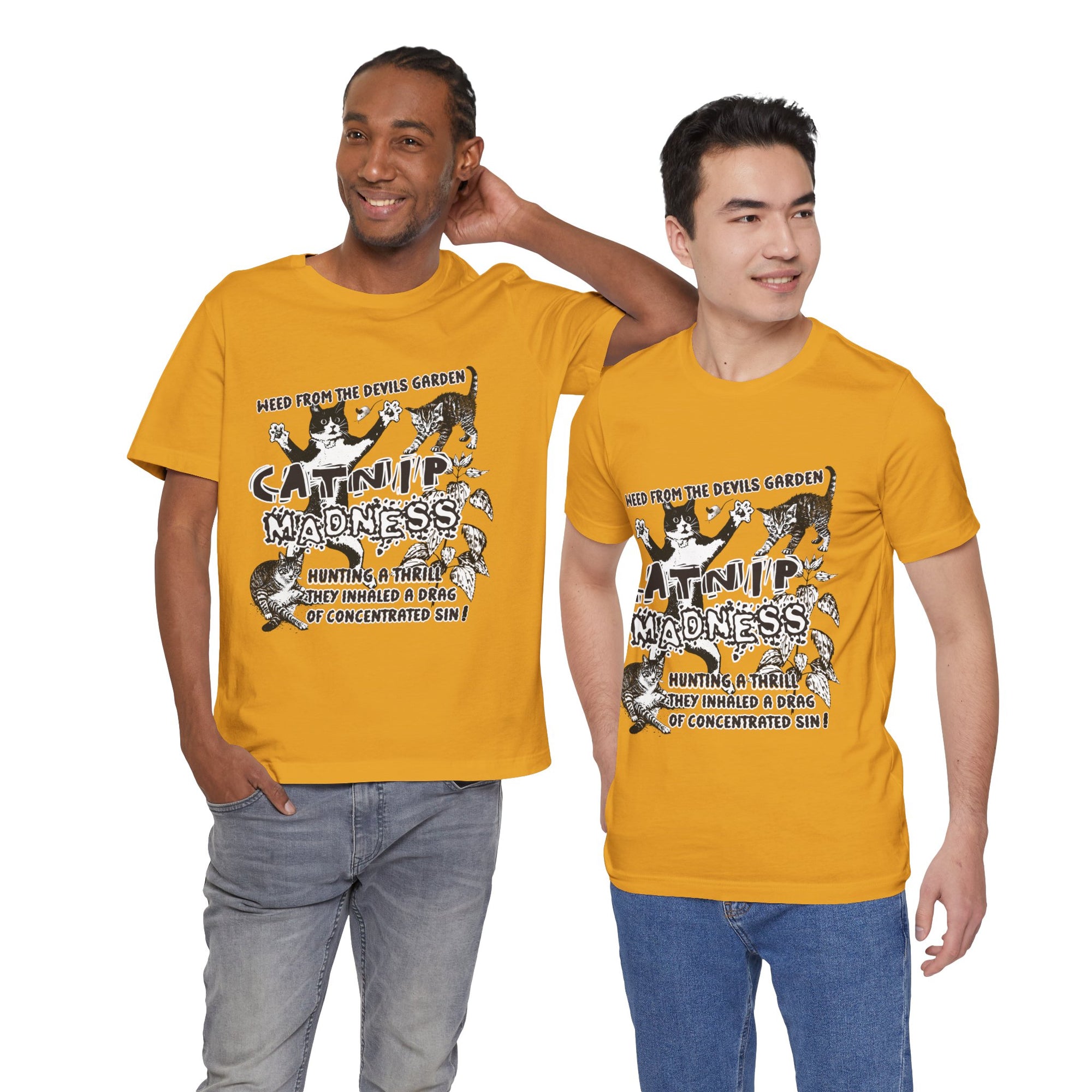 Two men wearing yellow t-shirts with graphic designs and text.