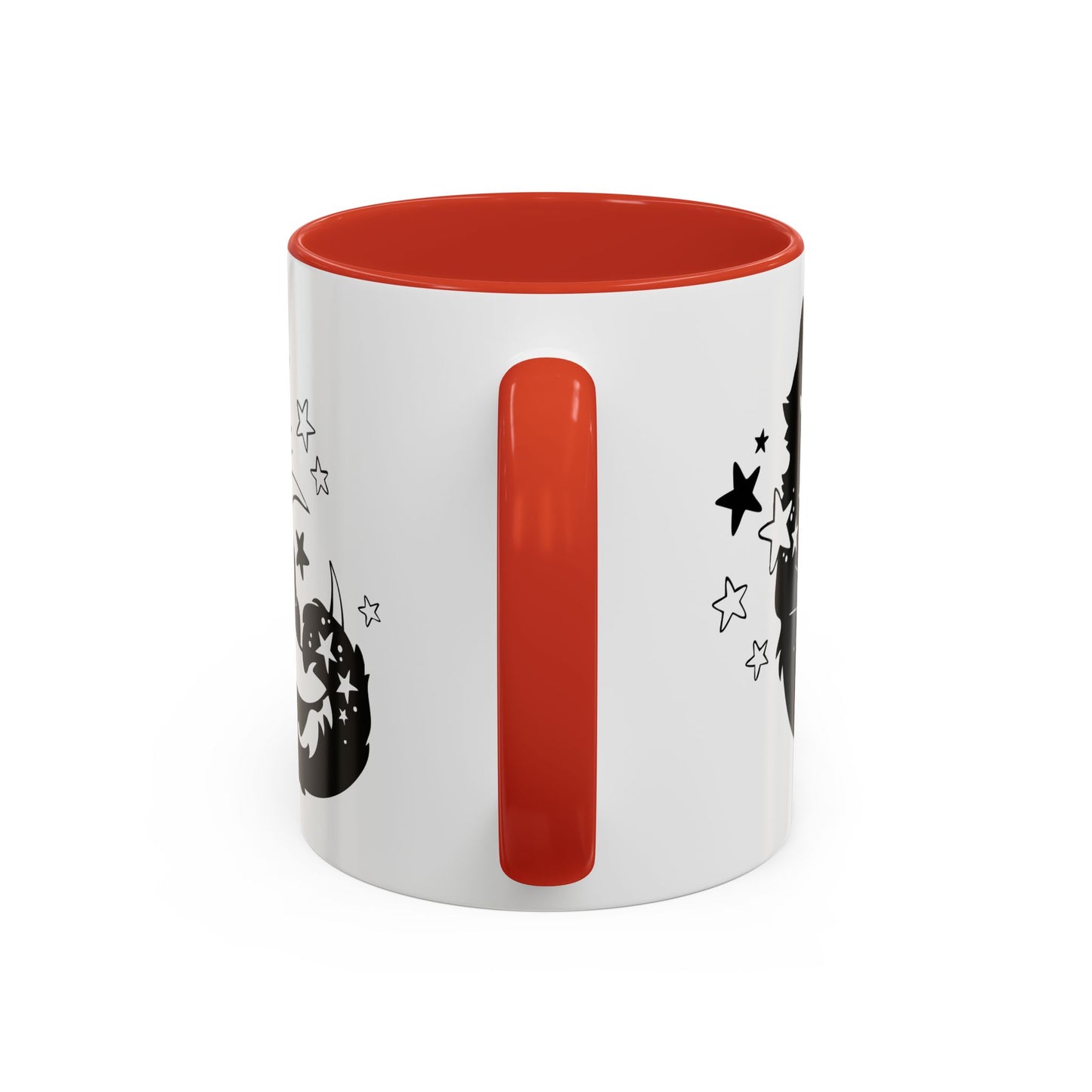 White mug with red interior and handle, featuring black star designs on a white background