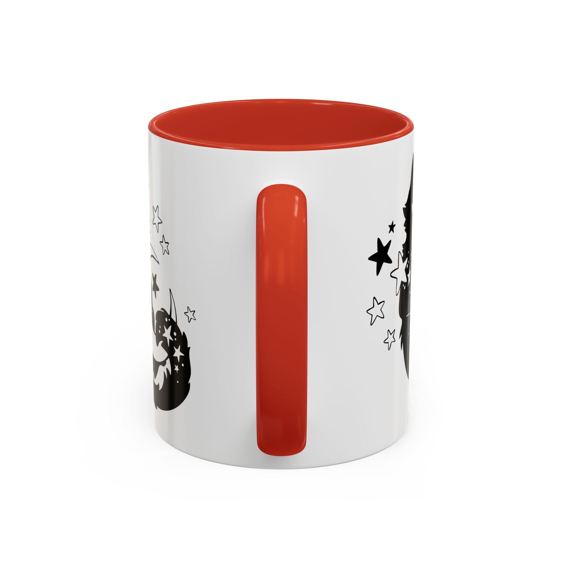 White mug with red interior and handle, featuring black star designs on a white background
