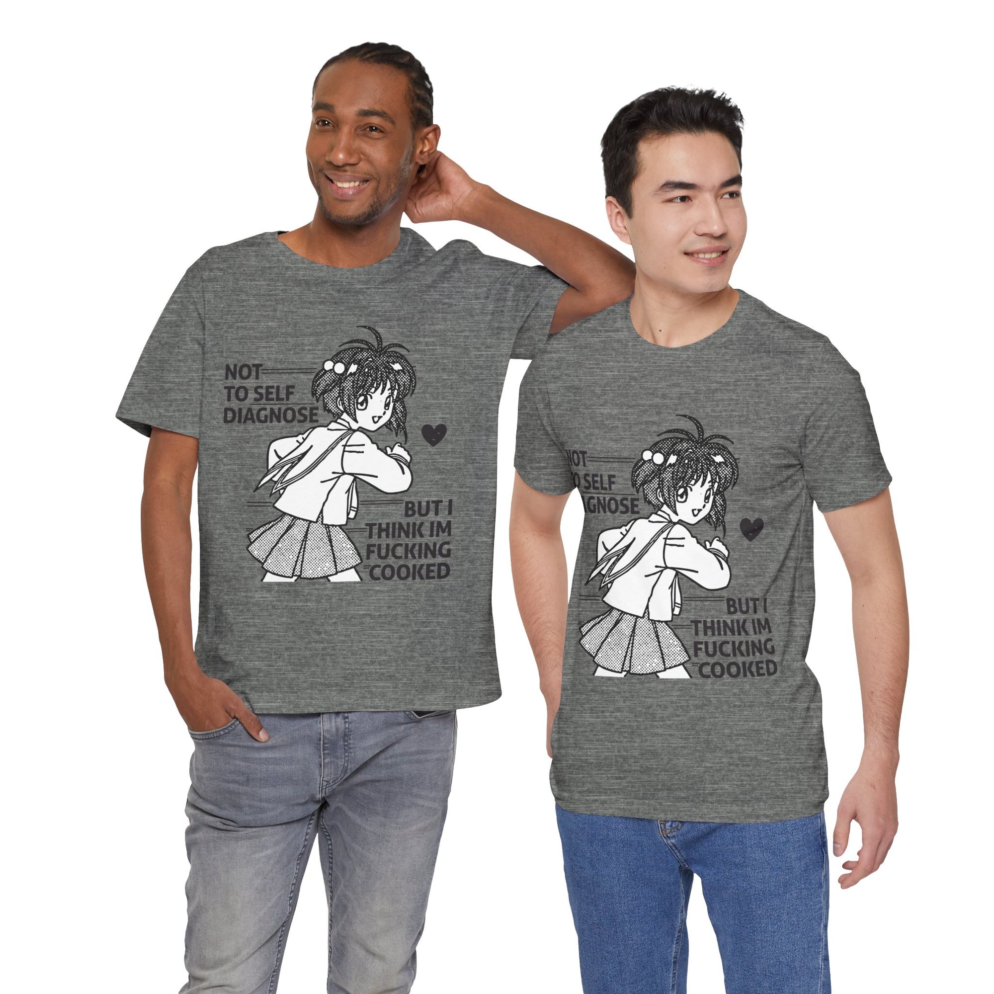 Two men wearing gray t-shirts with a graphic design and text.
