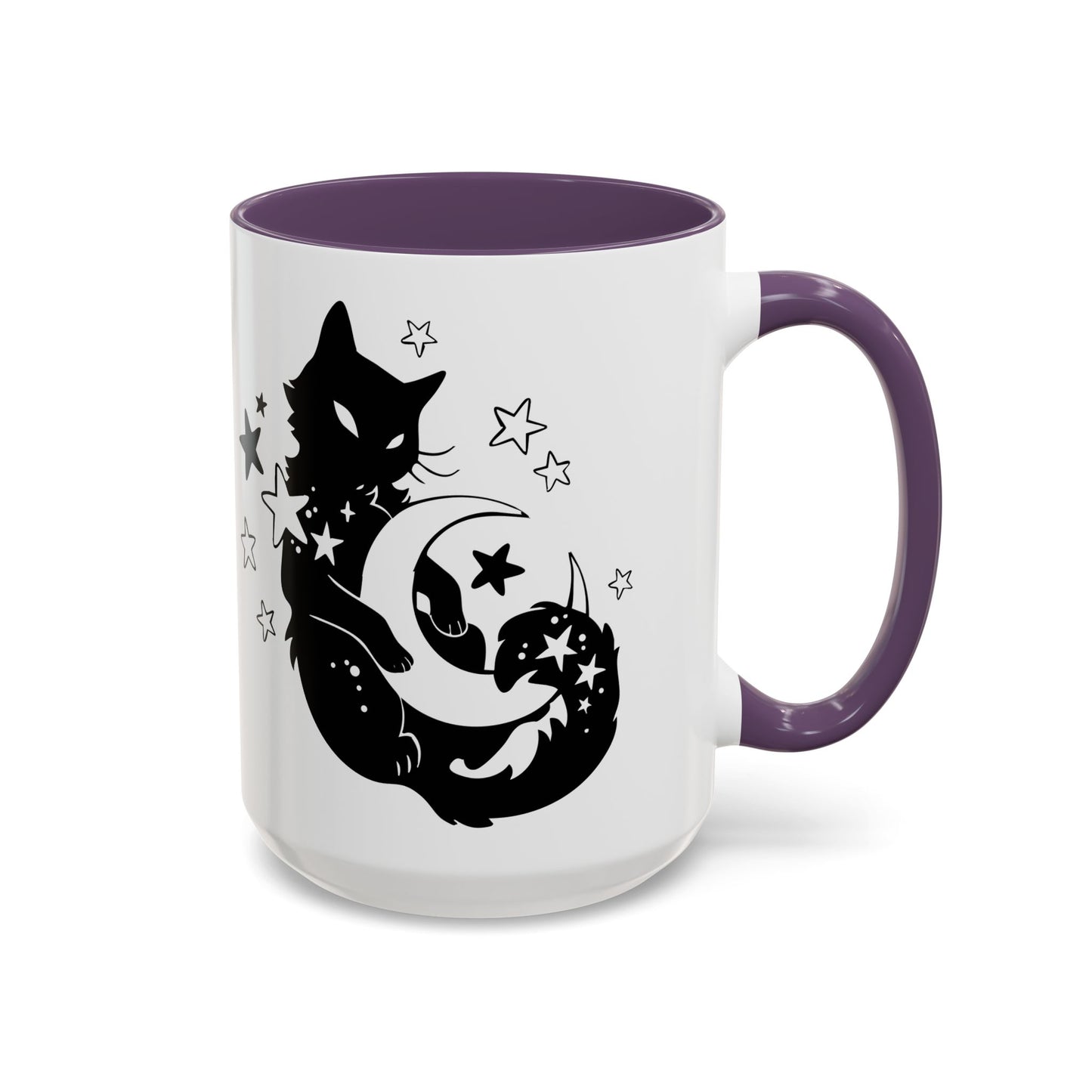 Mug with a black cat, moon, and star design on a white background