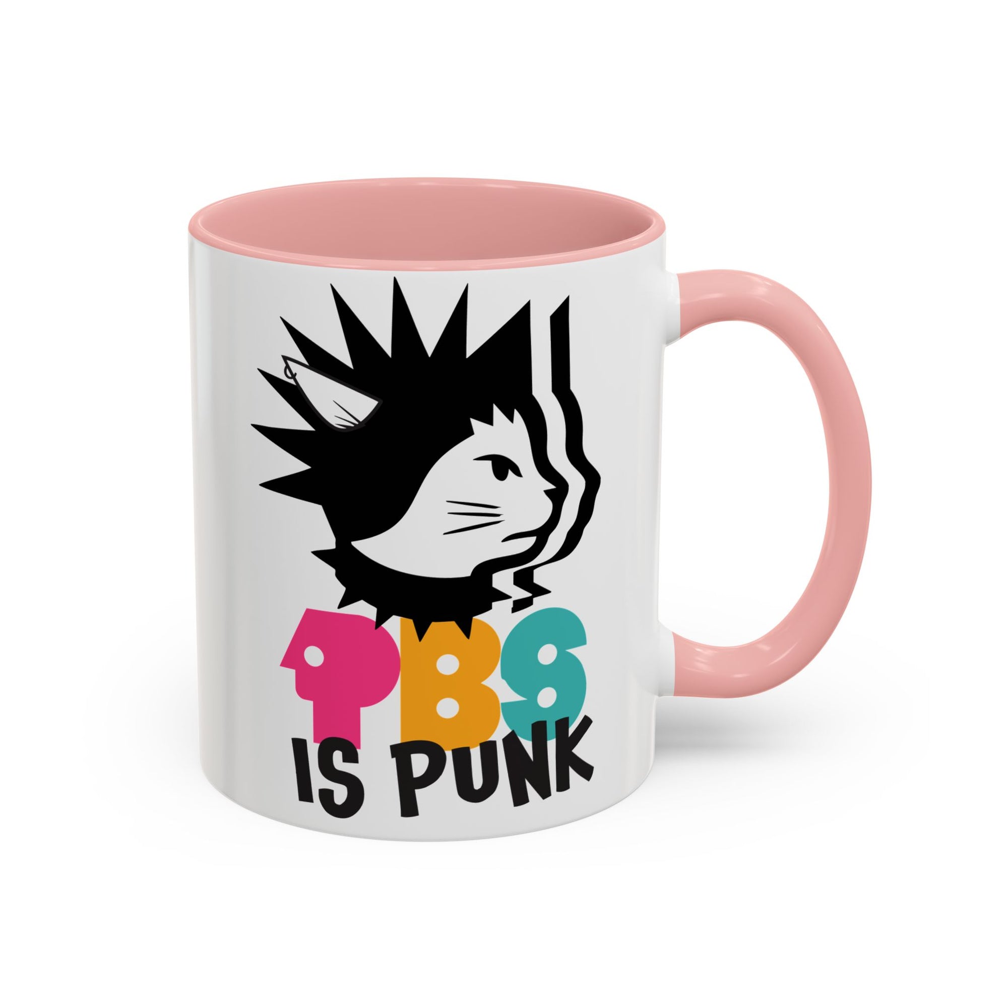 Mug with a graphic design of a cat and text 'PBS is Punk' on a white background