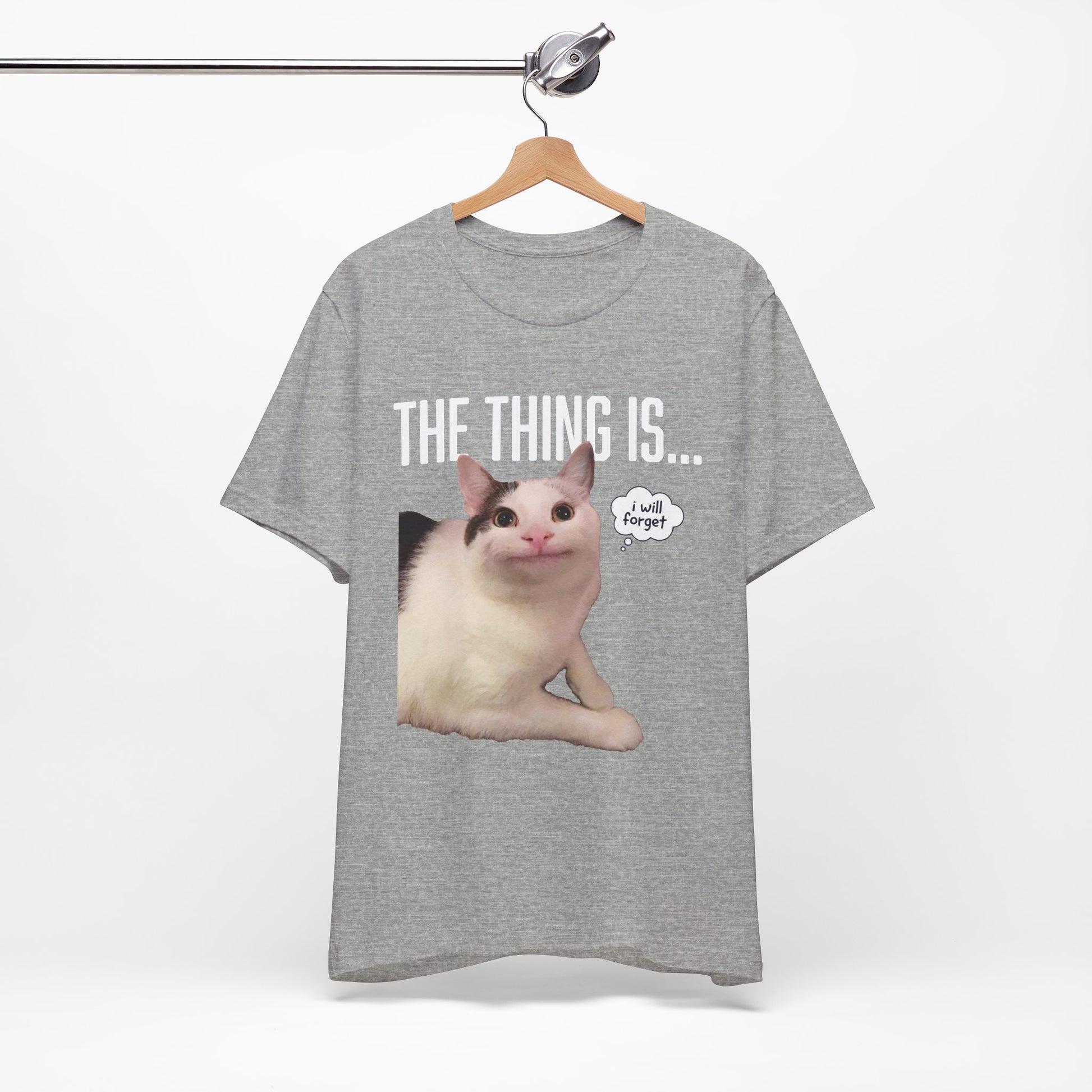 Gray t-shirt with a cat graphic and text on a hanger against a white background