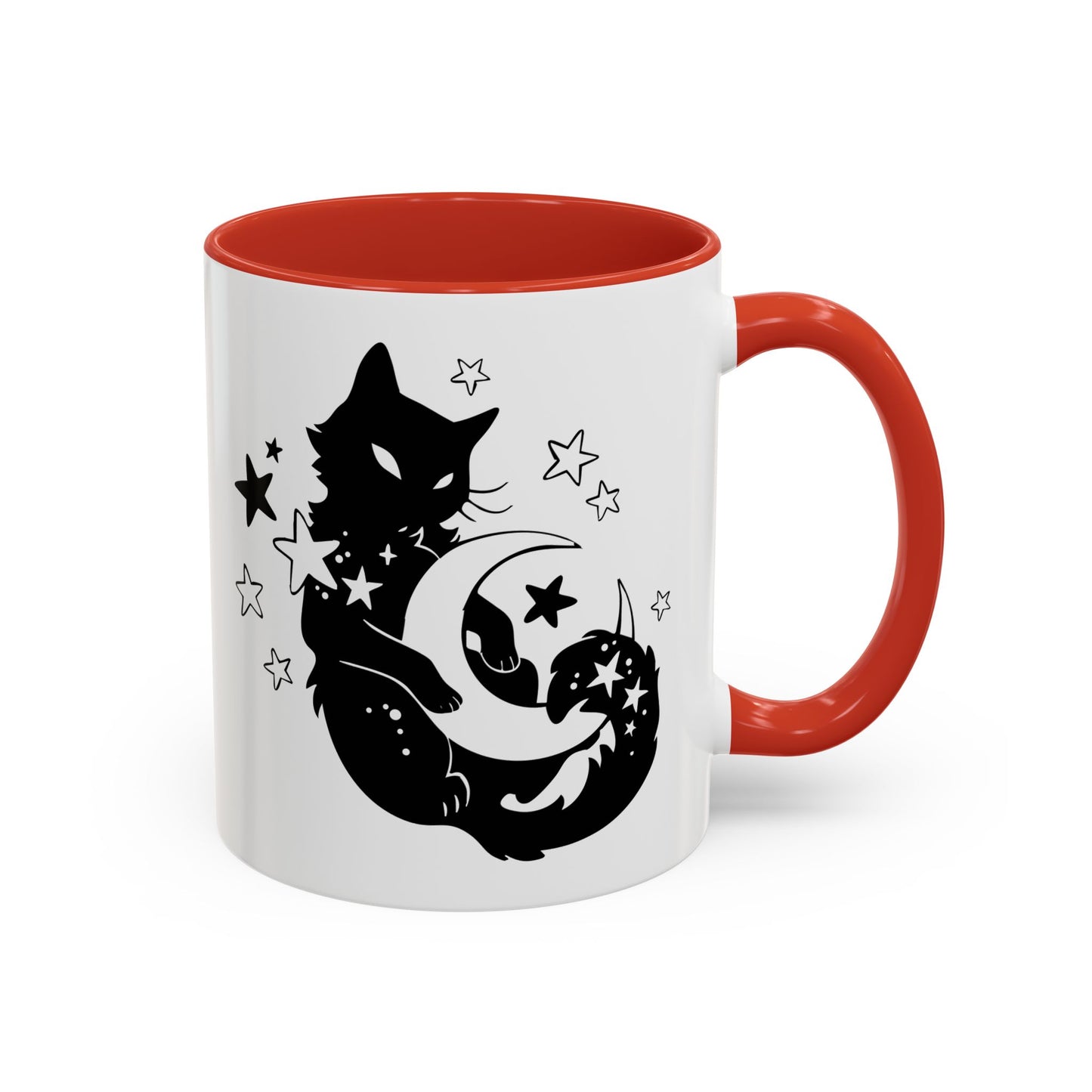 White mug with red interior and handle featuring a black cat, moon, and star design.