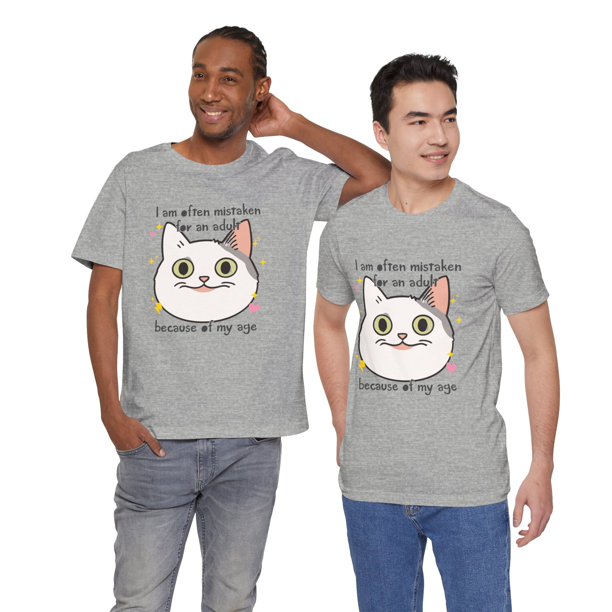 Two men wearing gray t-shirts with a cat graphic and text.
