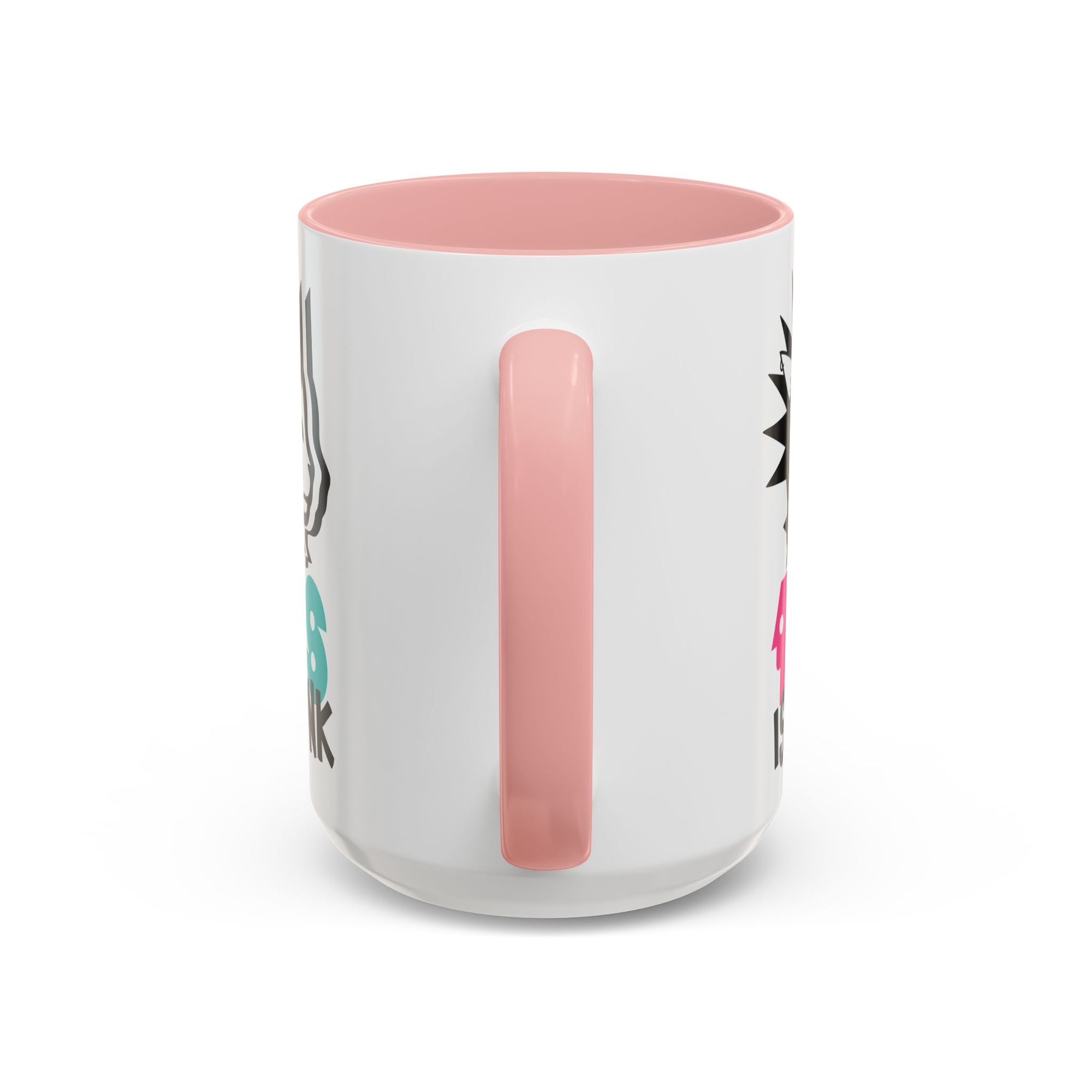White mug with pink interior and decorative design on a white background
