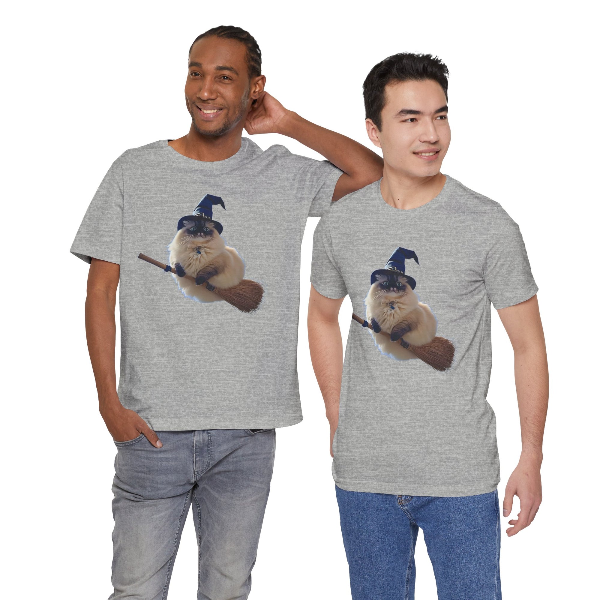 Two men wearing gray t-shirts with a graphic of a cat in a witch hat and broom.