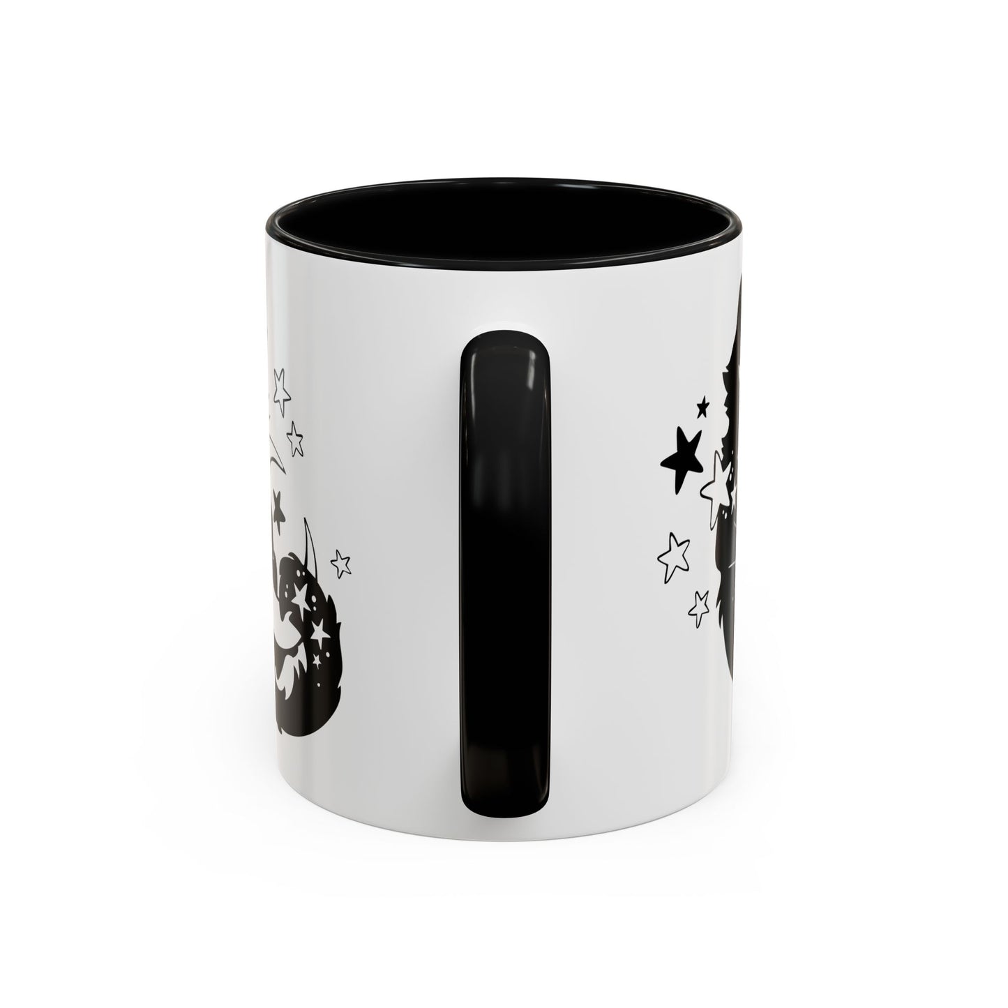 White mug with black interior and handle, featuring star designs on a white background