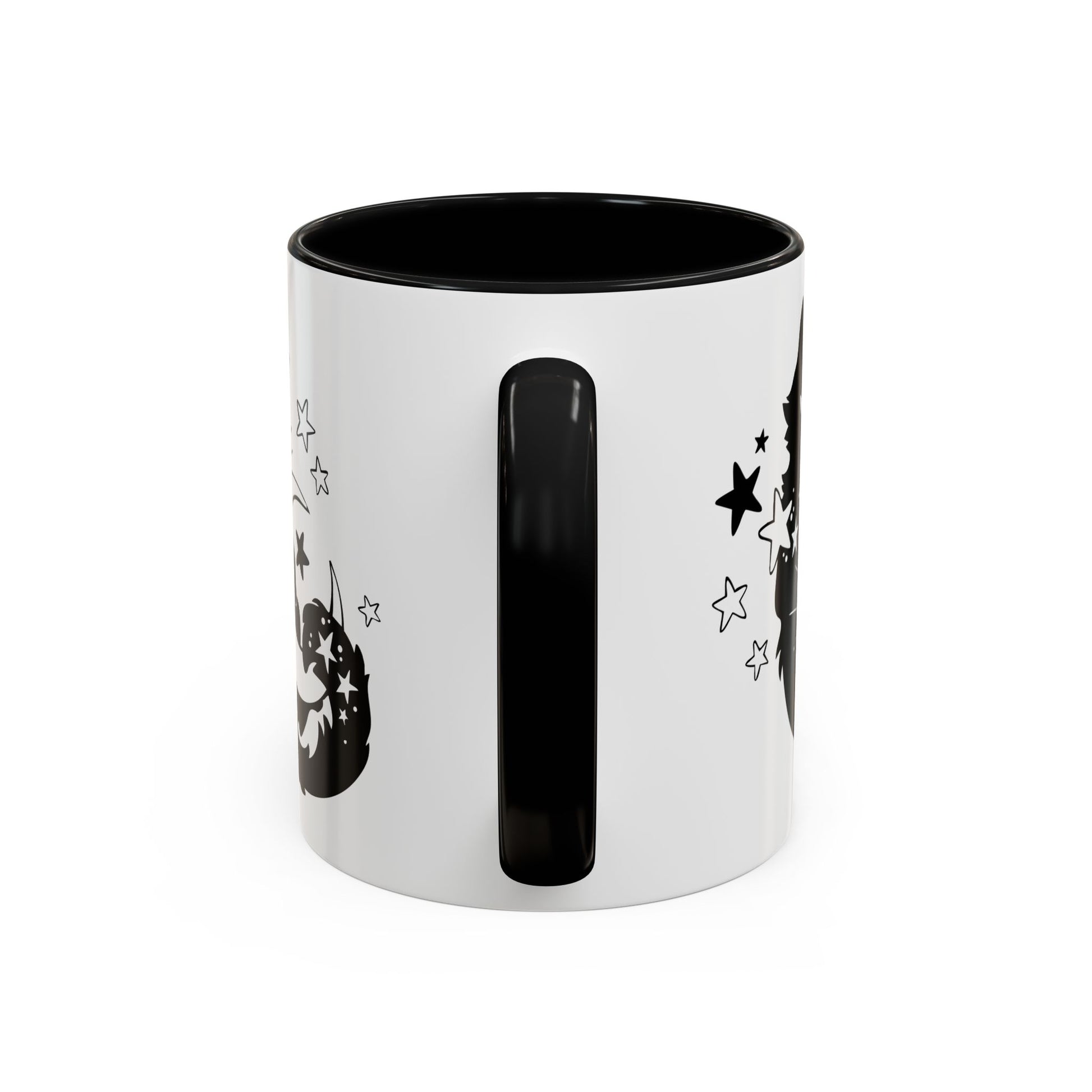 White mug with black interior and handle, featuring star designs on a white background