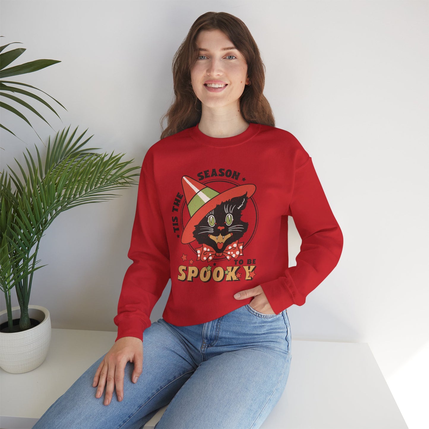 Halloween Cat Spooky Season Vintage Distressed Style Unisex Heavy Blend™ Crewneck Sweatshirt