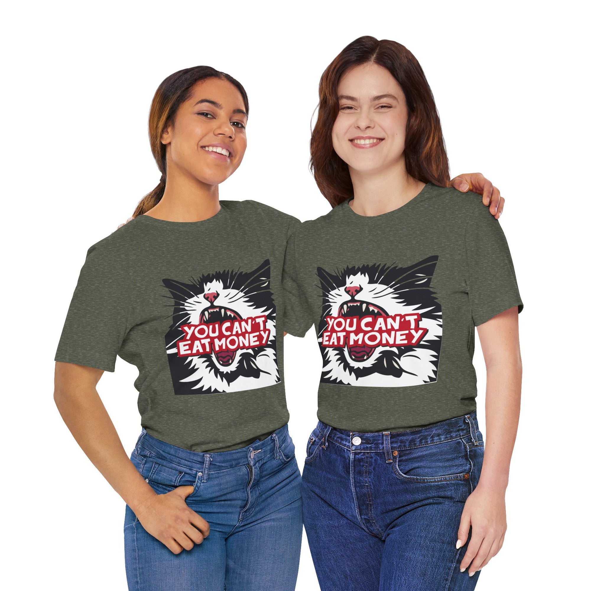 Two people wearing gray t-shirts with a cat graphic and text on a white background