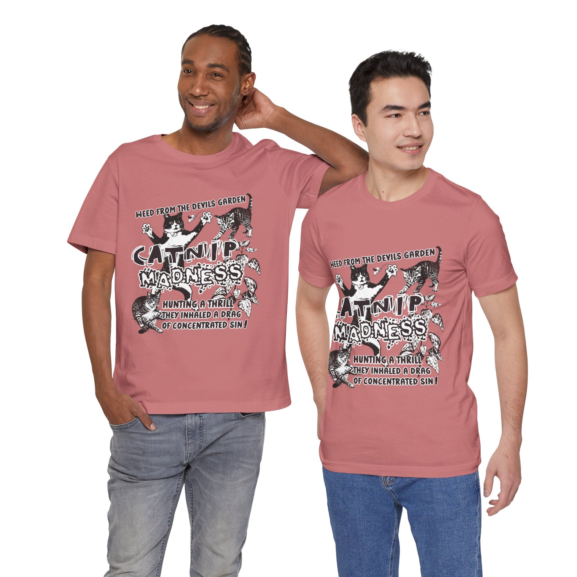 Two men wearing pink t-shirts with a graphic design on a white background