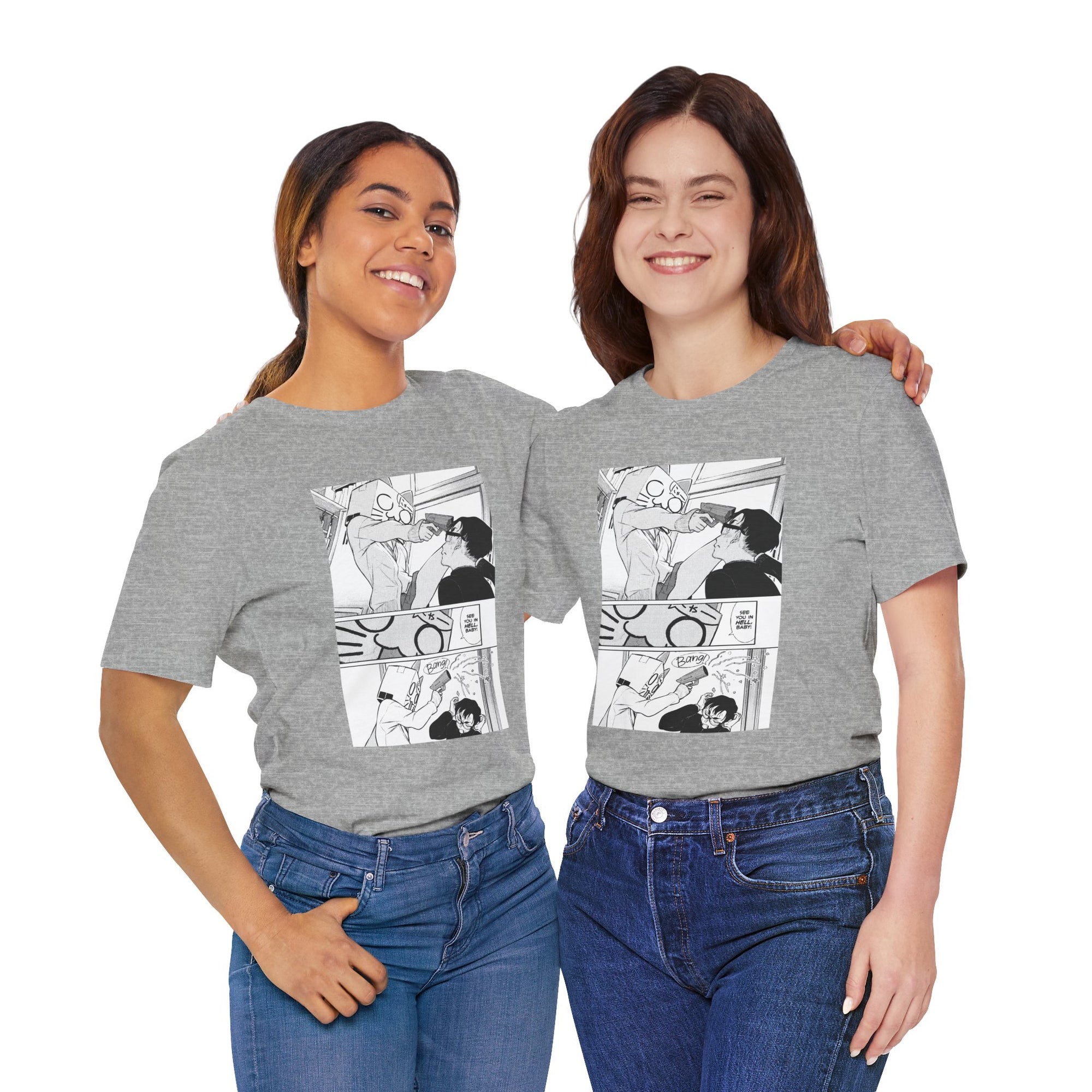 Two people wearing gray t-shirts with comic-style graphics on a white background
