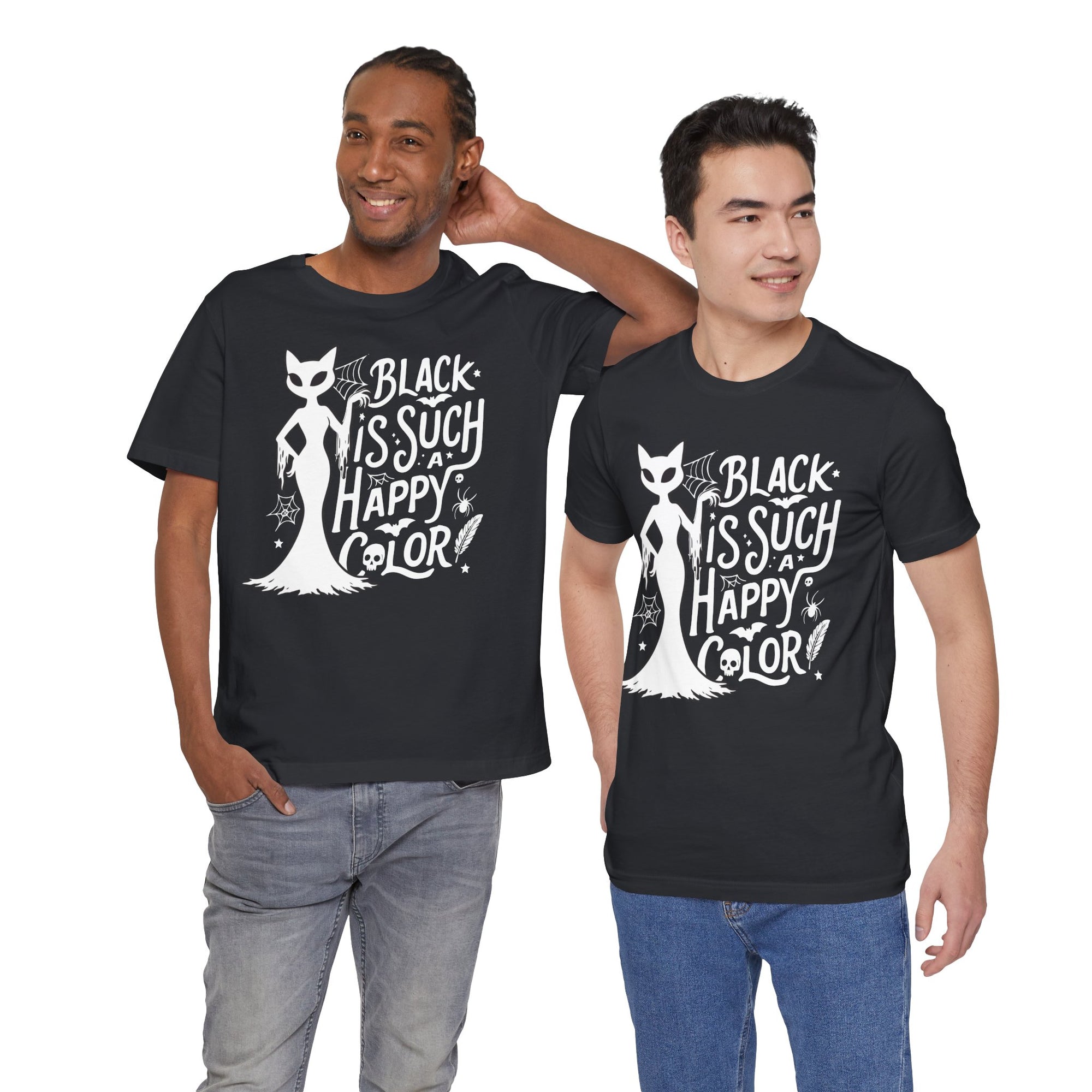 Two men wearing black t-shirts with a white graphic and text on a white background