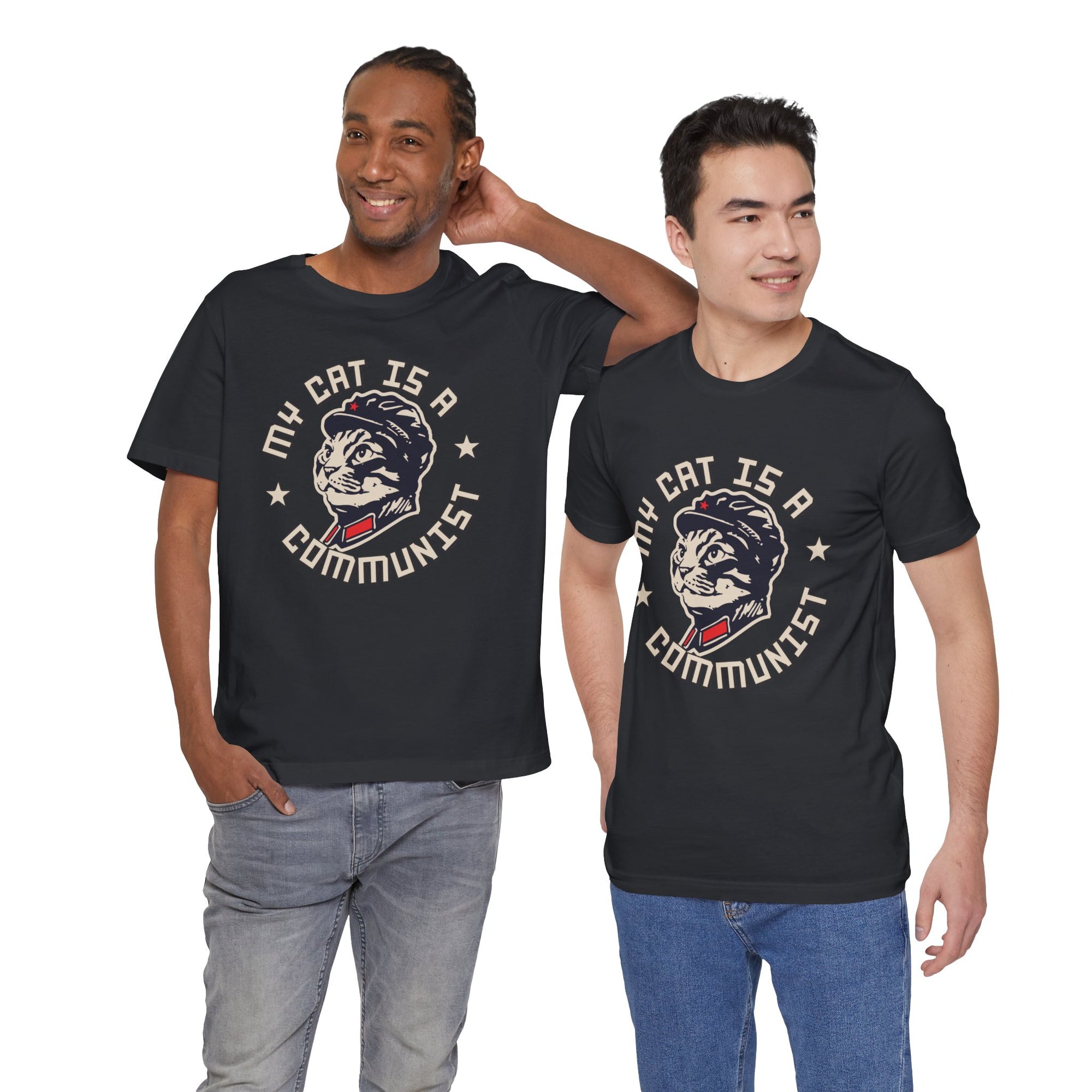 Two men wearing black t-shirts with 'Cupid' graphic design on a white background
