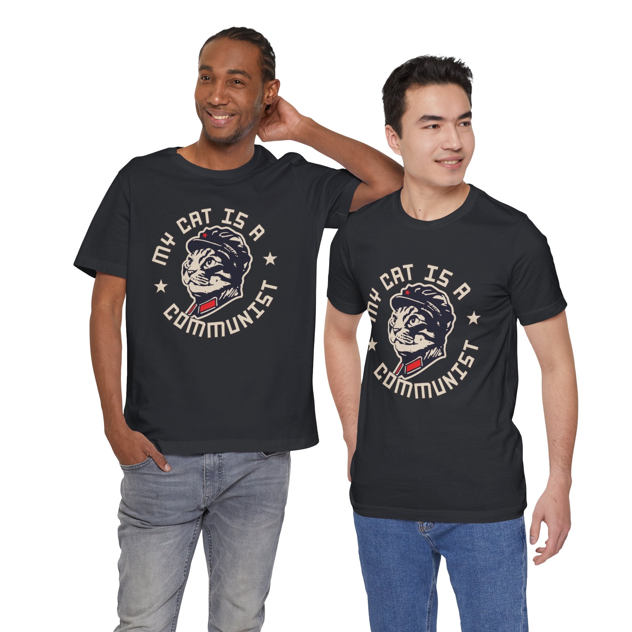 Two men wearing black t-shirts with 'Cupid' graphic design on a white background