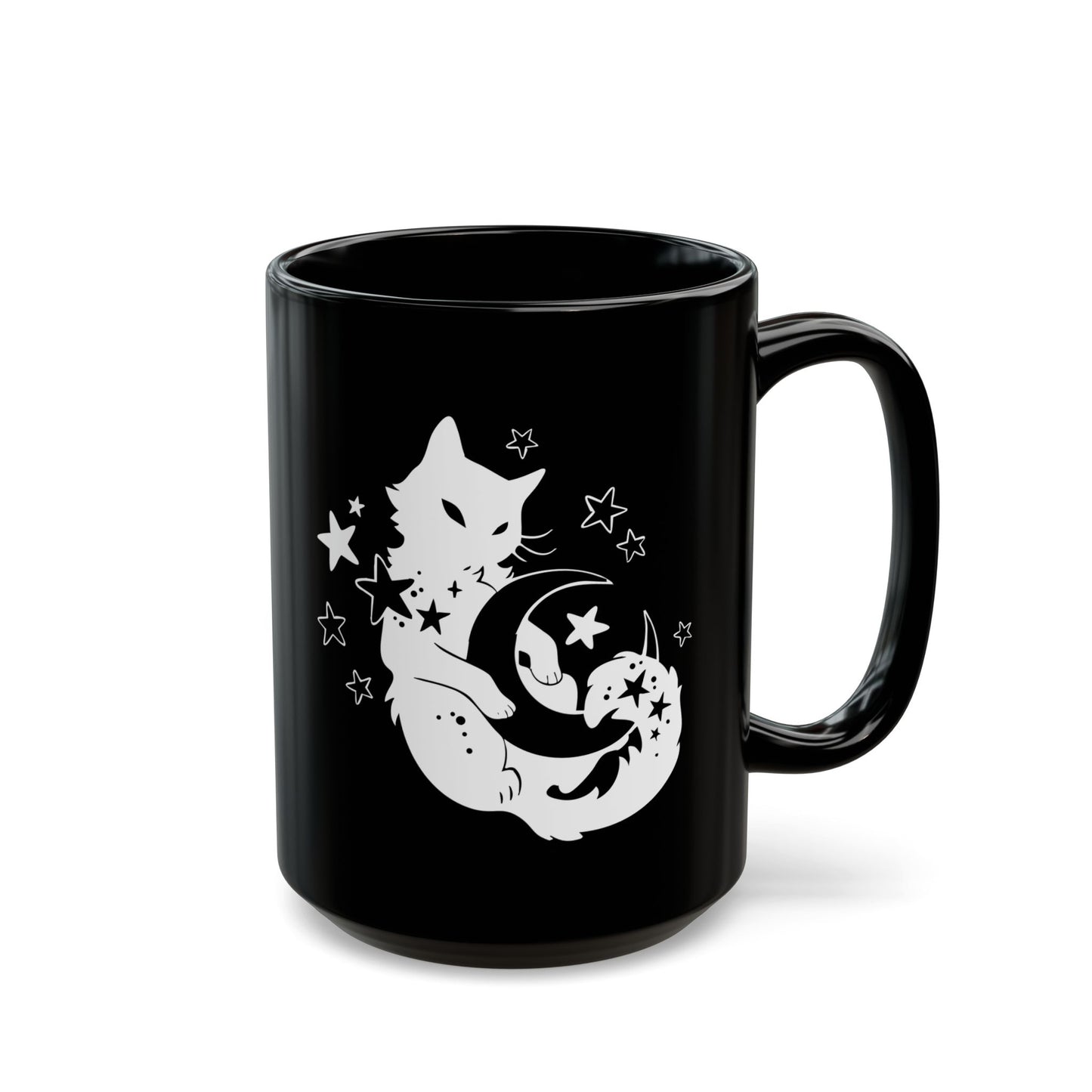 Black mug with a white cat and moon design on a white background