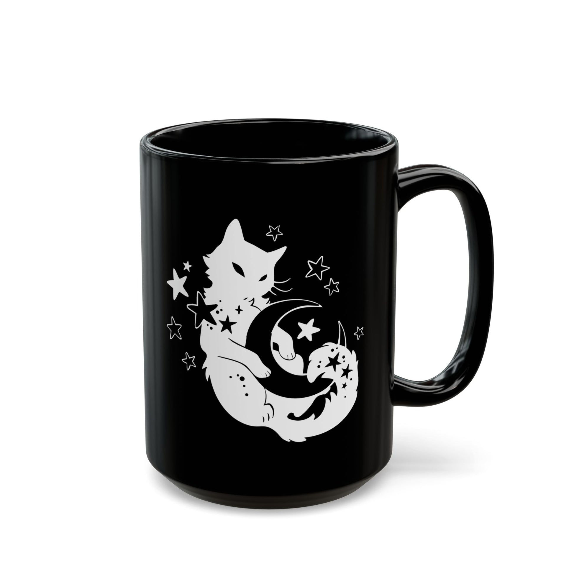 Black mug with a white cat and moon design on a white background