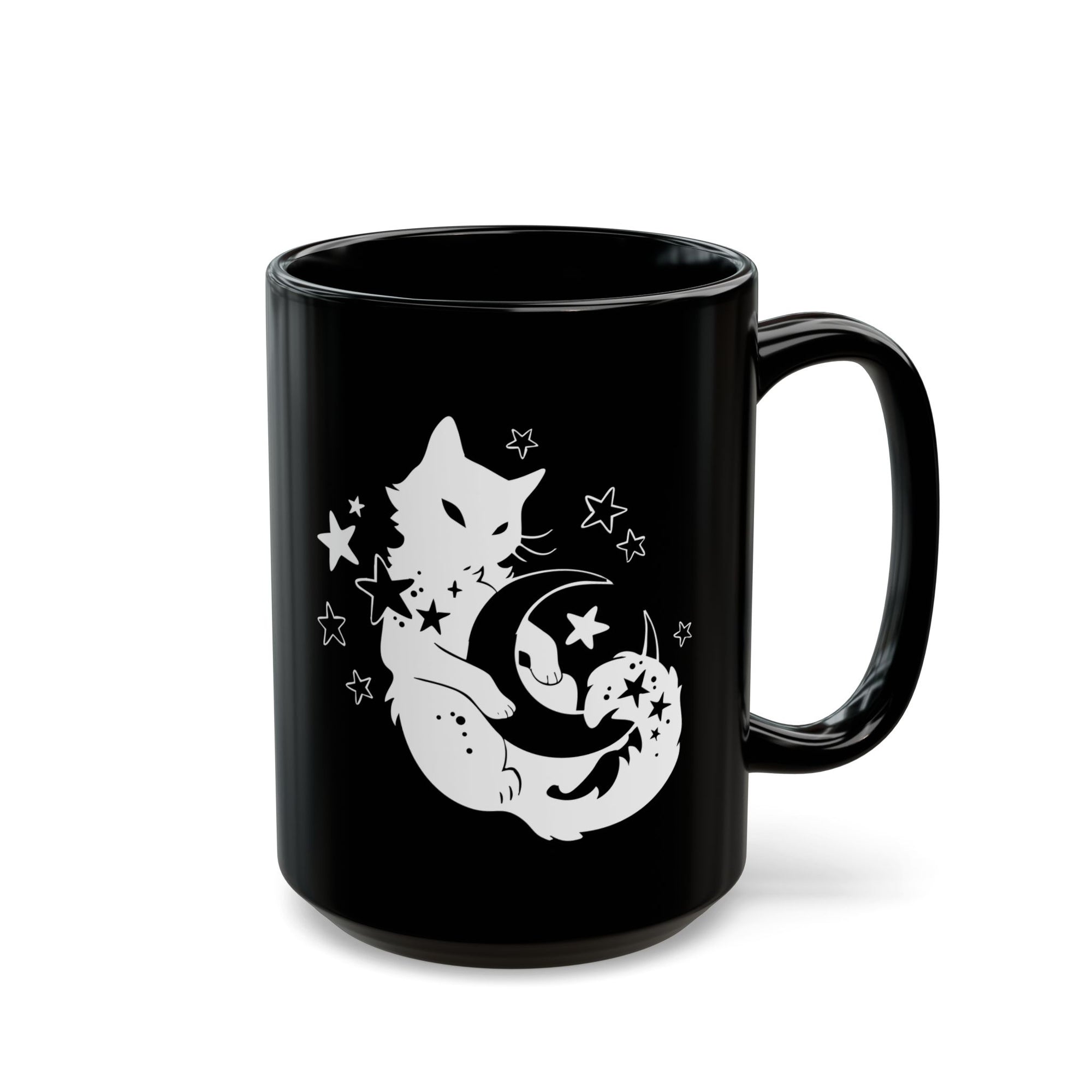 Black mug with a white cat and moon design on a white background