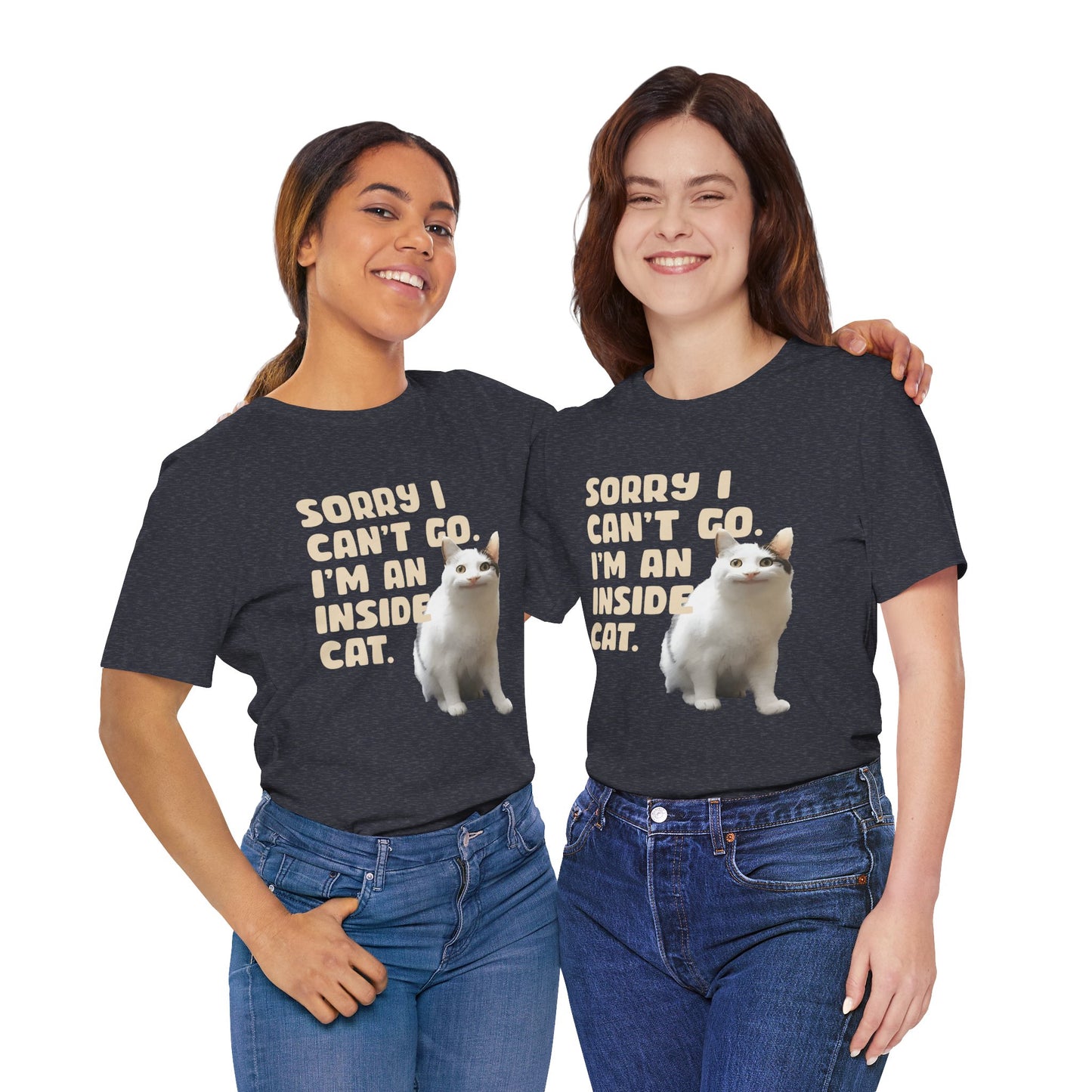 Two people wearing black t-shirts with a cat graphic and text.