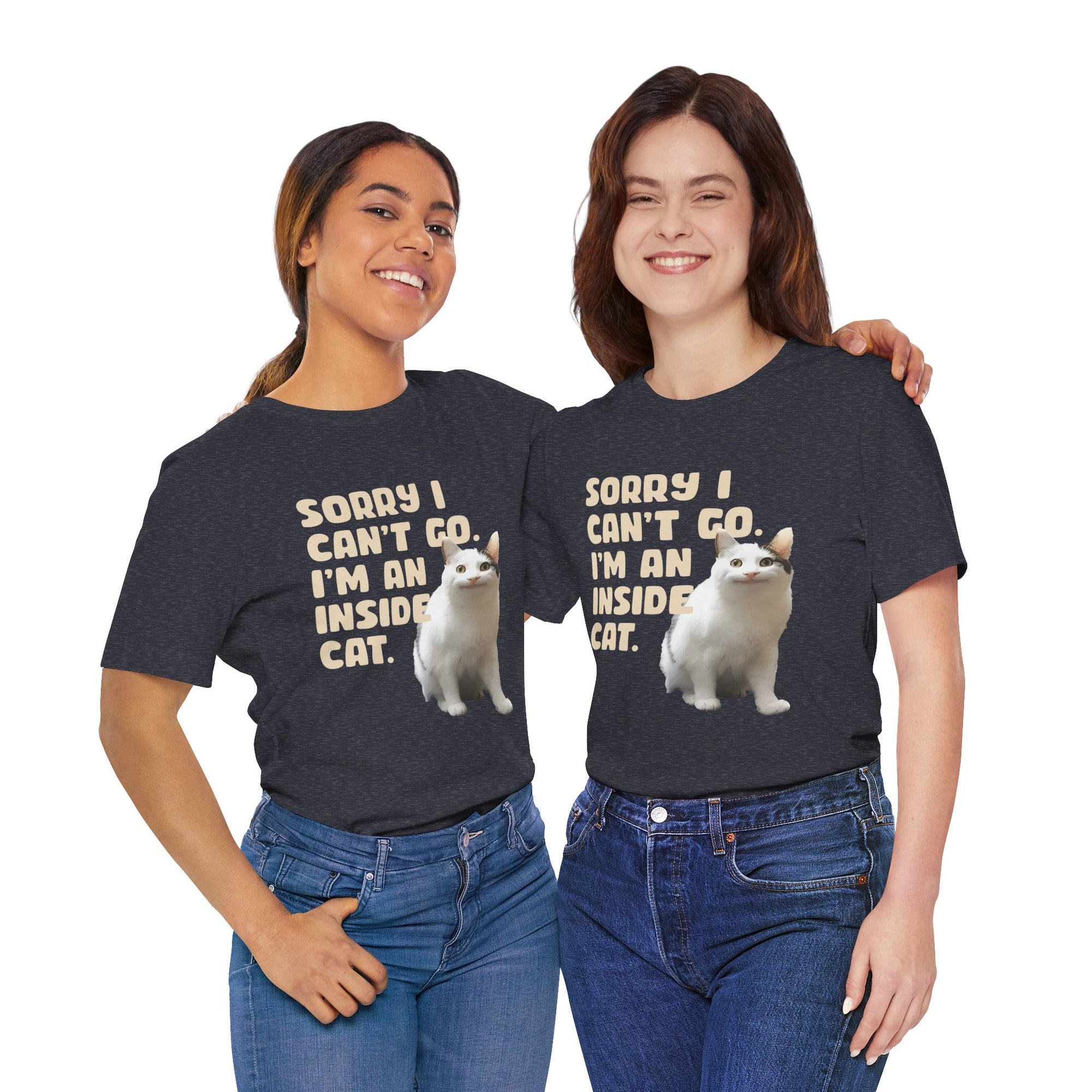 Two people wearing black t-shirts with a cat graphic and text.
