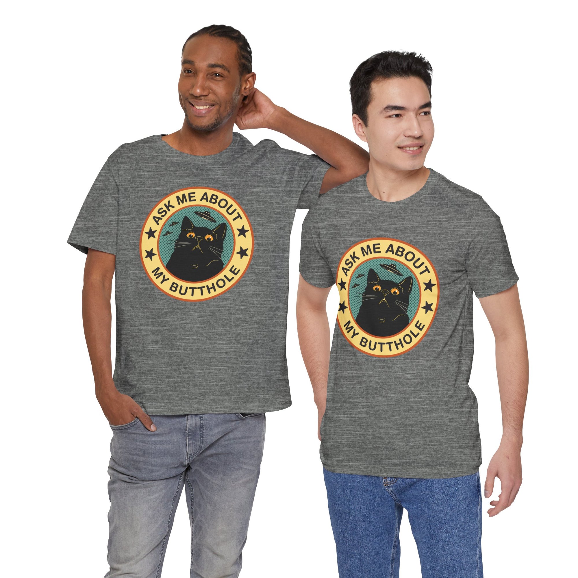Two men wearing gray t-shirts with a black cat graphic and text.