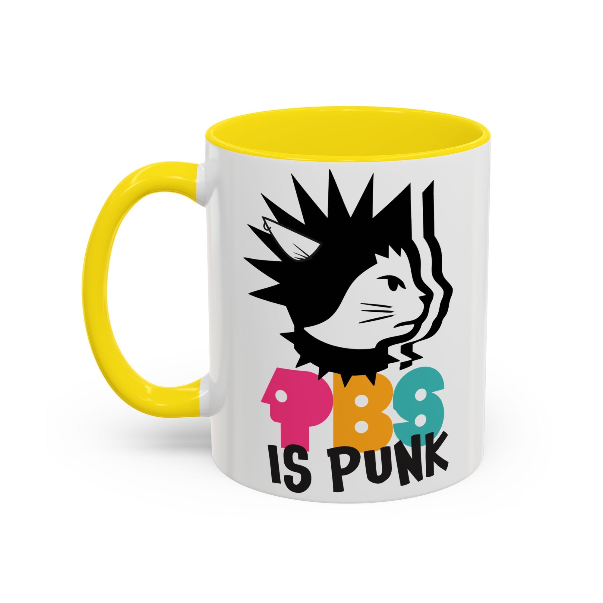 Mug with colorful design and text on a white background
