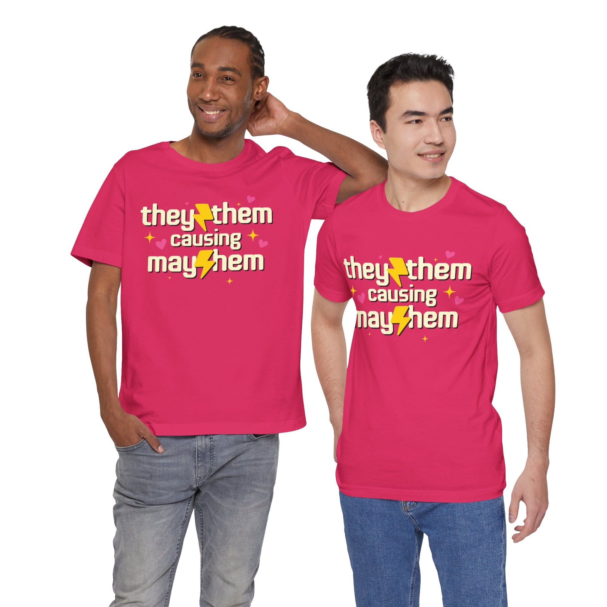 Two people wearing pink t-shirts with a message on a white background