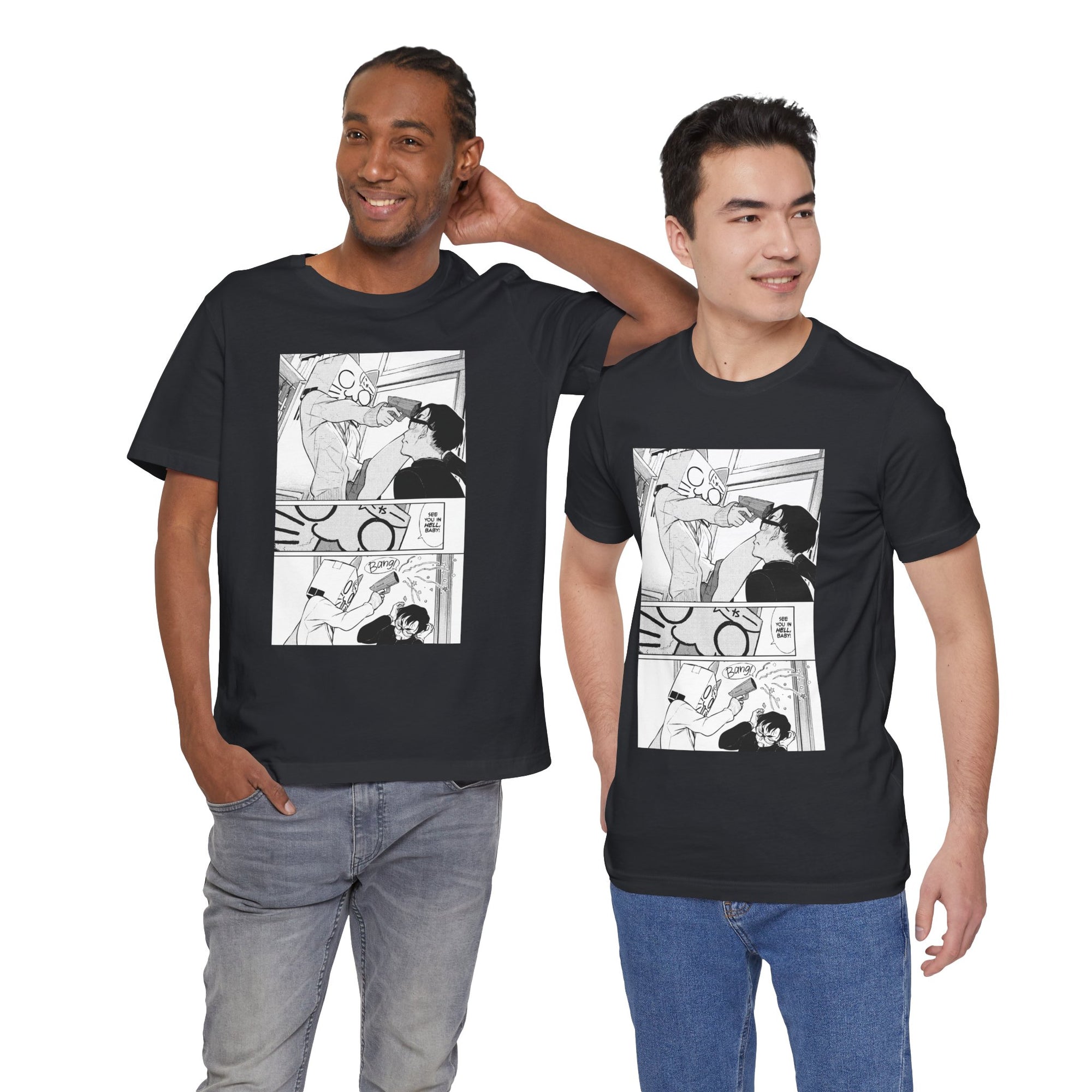 Two men wearing black t-shirts with comic book-style graphics on a white background