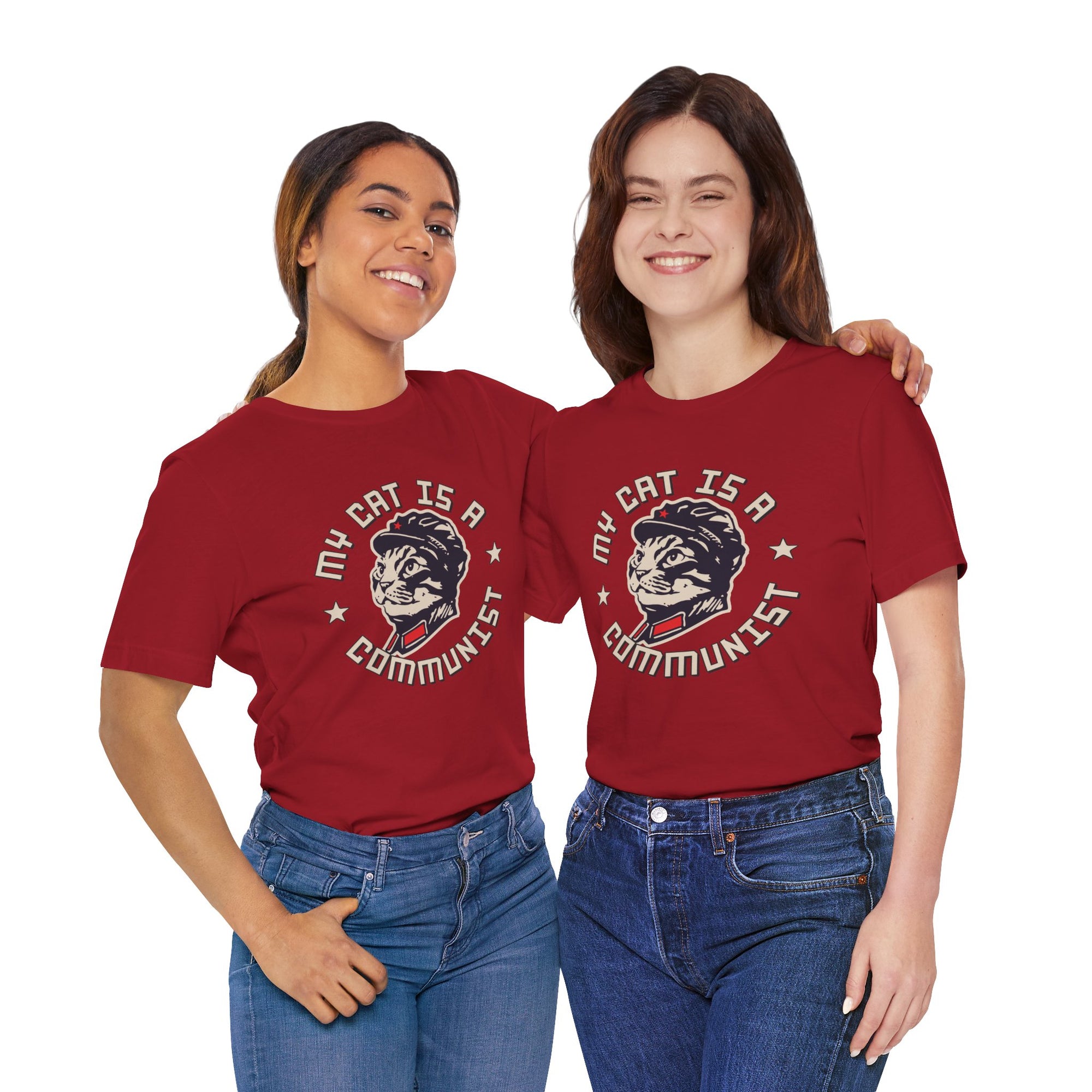 Two people wearing red t-shirts with a graphic design and text on a white background