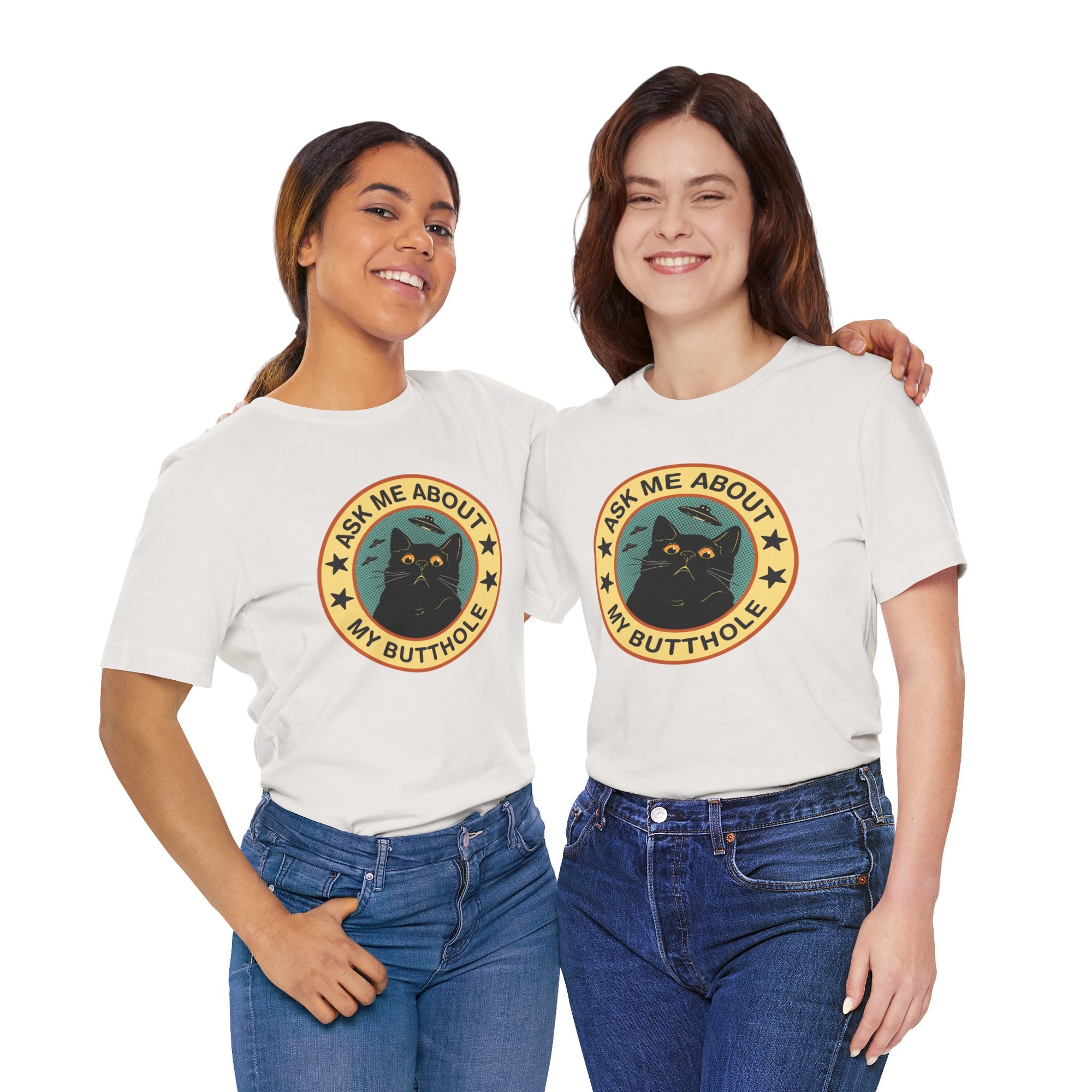 Two people wearing white t-shirts with a graphic design and text on a white background