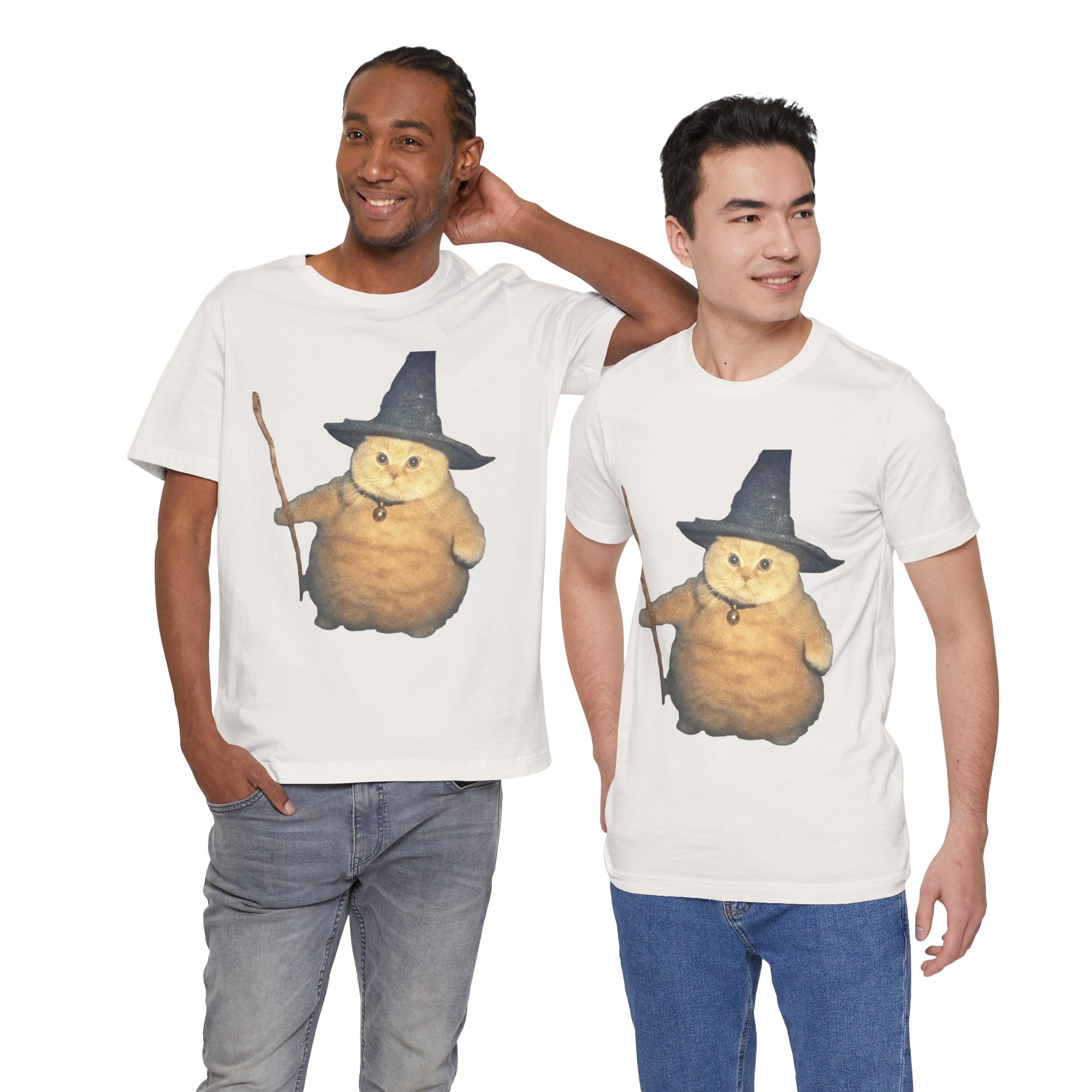 Two men wearing t-shirts with a cartoon cat character in wizard attire on a white background.