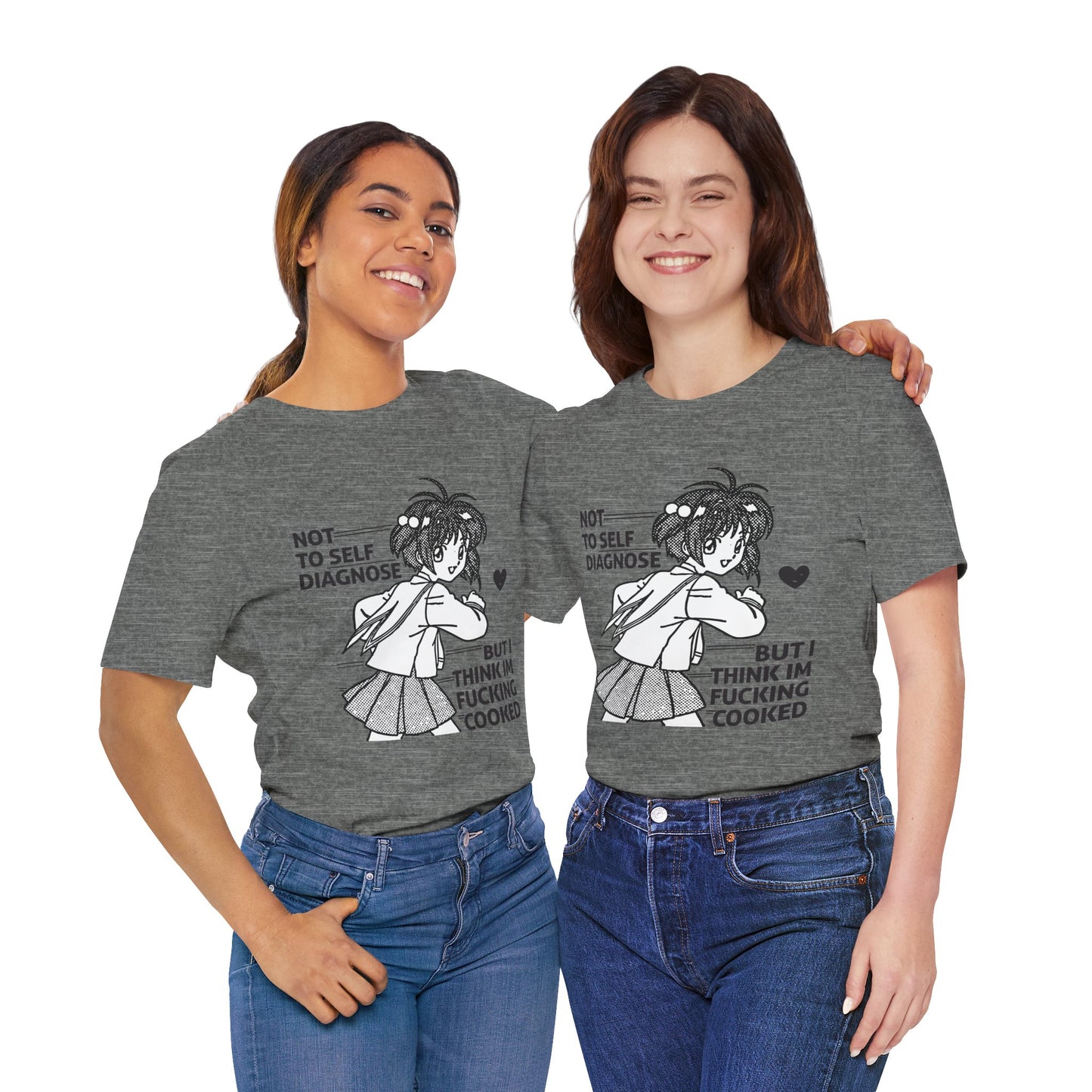 Two people wearing gray t-shirts with a graphic and text, standing side by side against a white background.