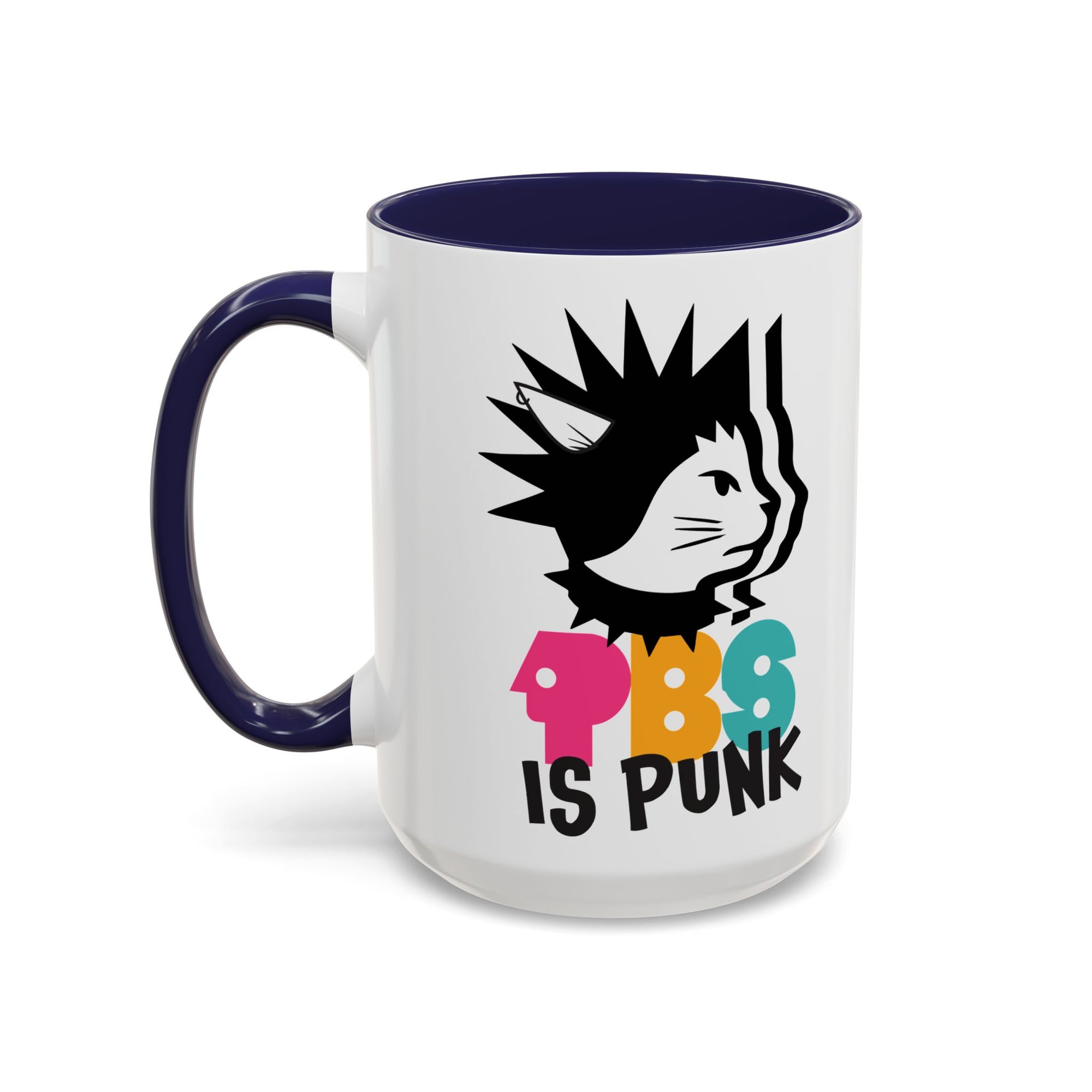 Mug with a design of a cat with spiky hair and colorful text on a white background