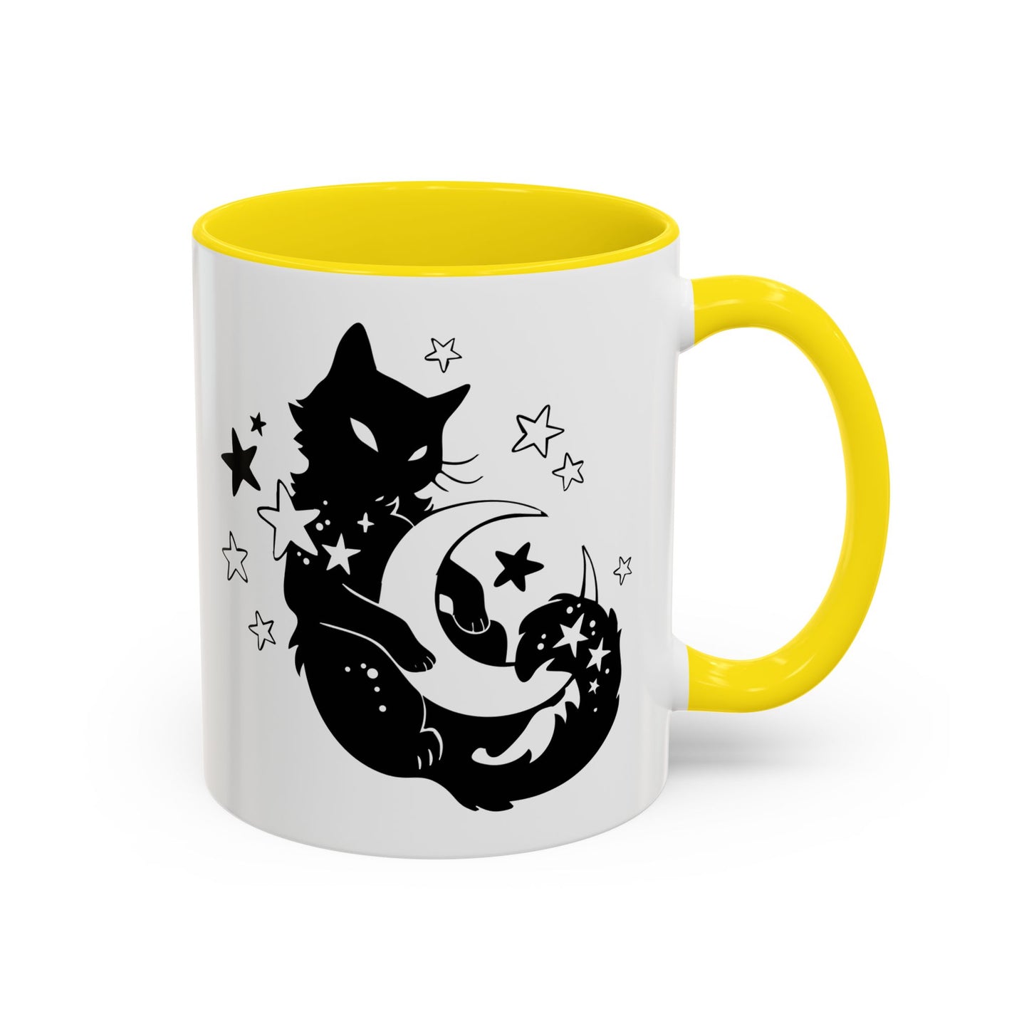 White mug with yellow interior and handle featuring a black cat, moon, and star design.