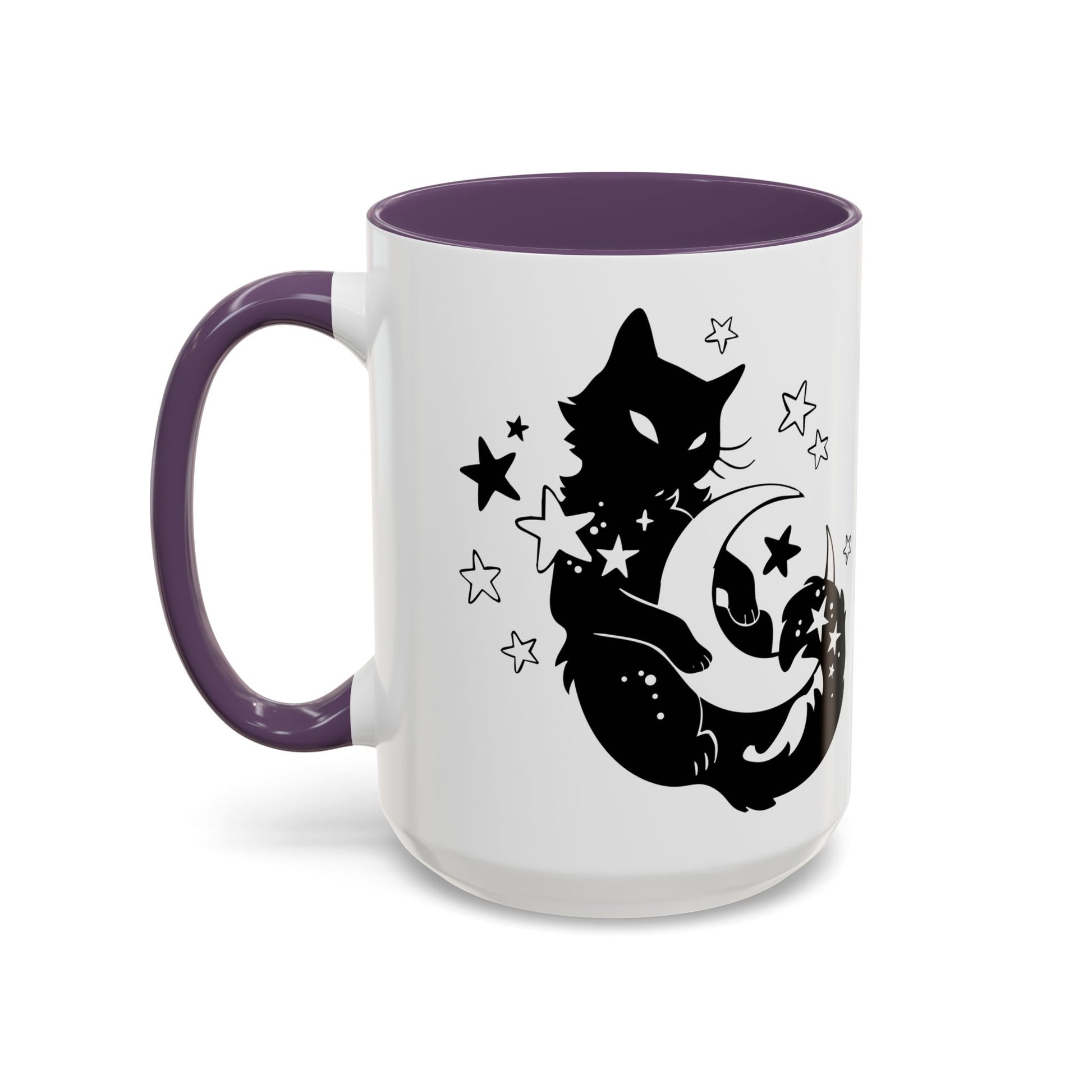 White mug with black cat and moon design on a white background