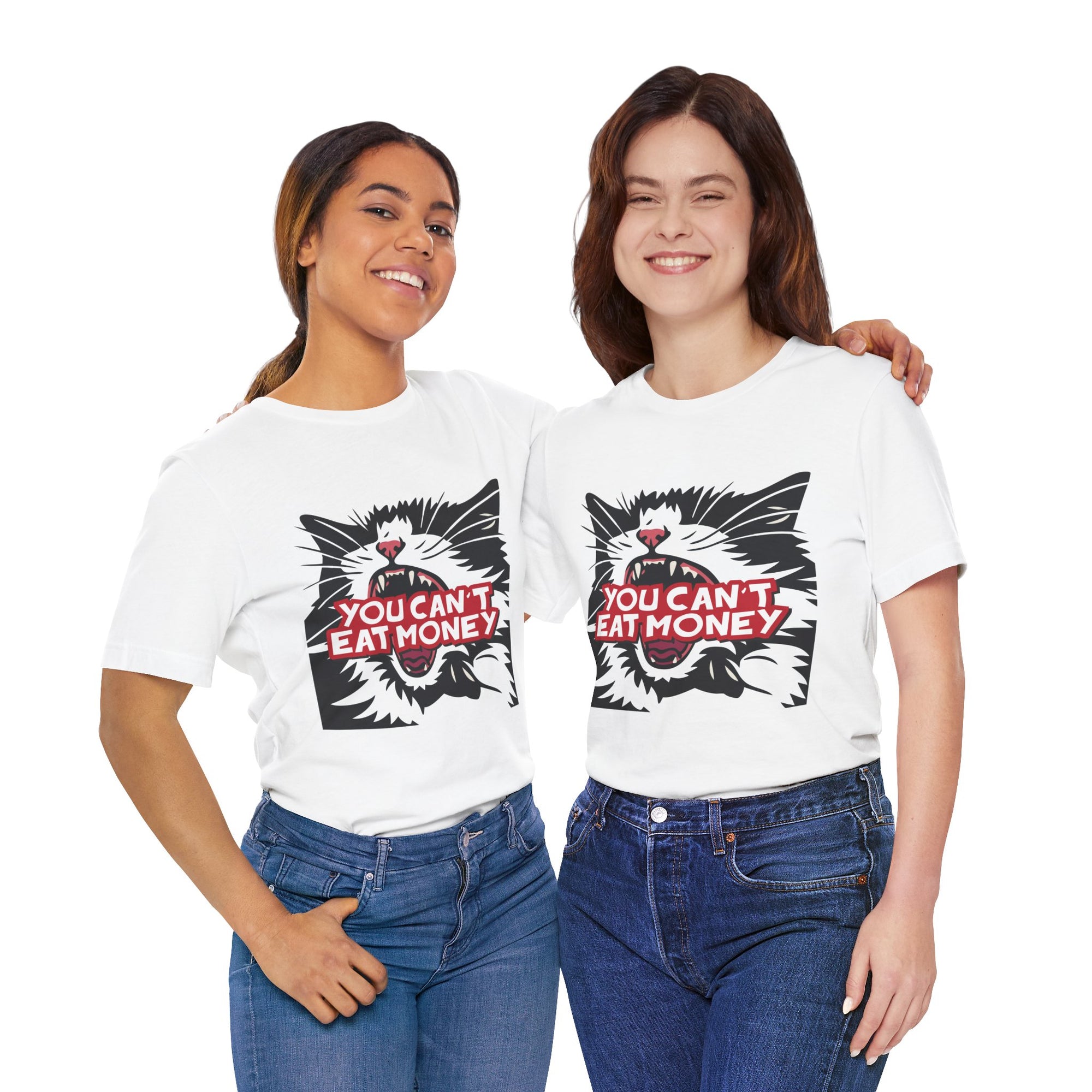 Two people wearing white t-shirts with a graphic of a cat and text on a white background
