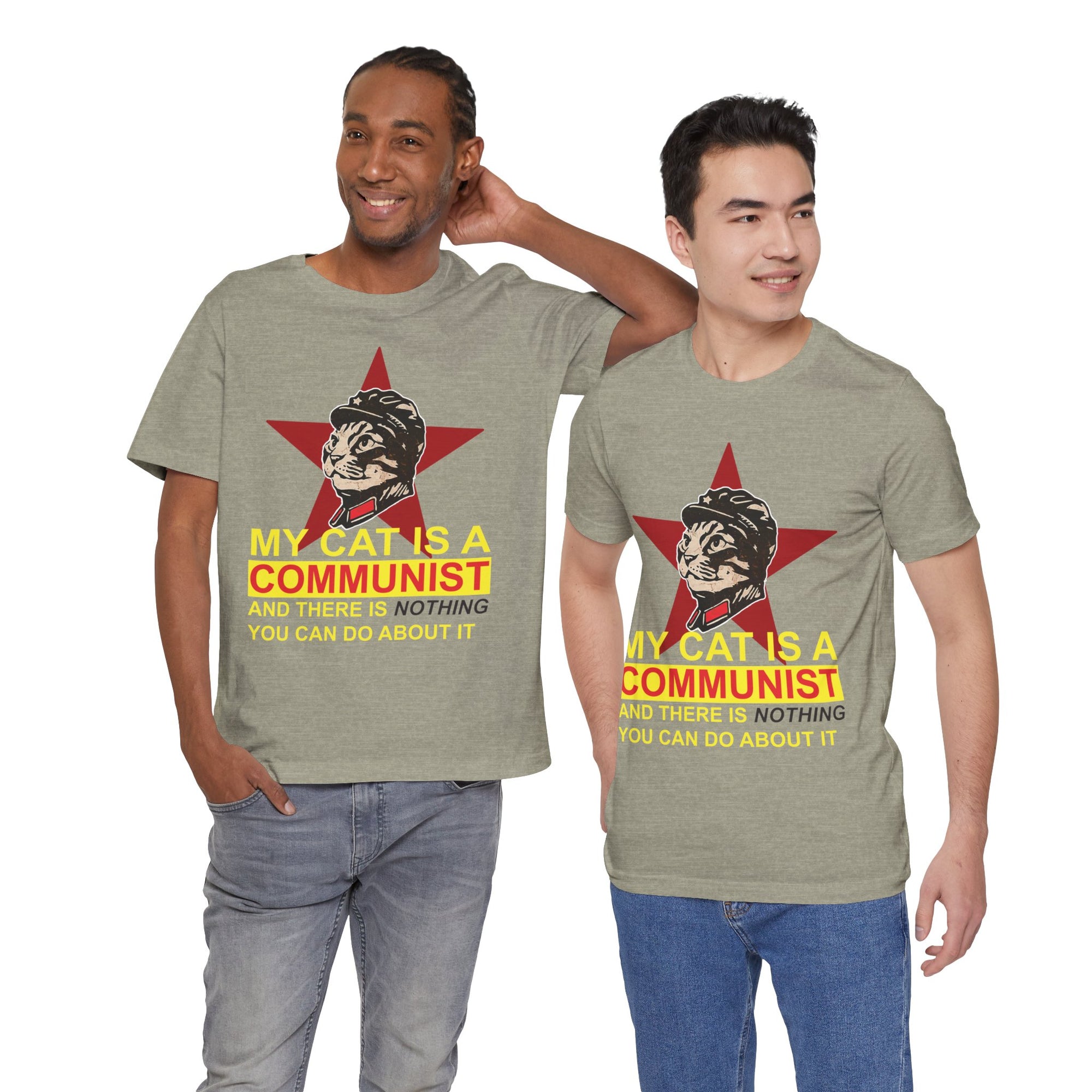 Two men wearing t-shirts with a graphic of a cat and text about a communist cat.