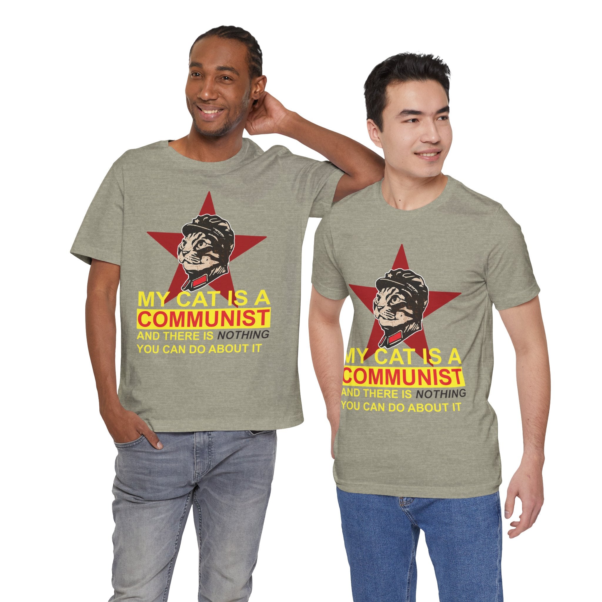 Two men wearing t-shirts with a graphic of a cat and text about a communist cat.