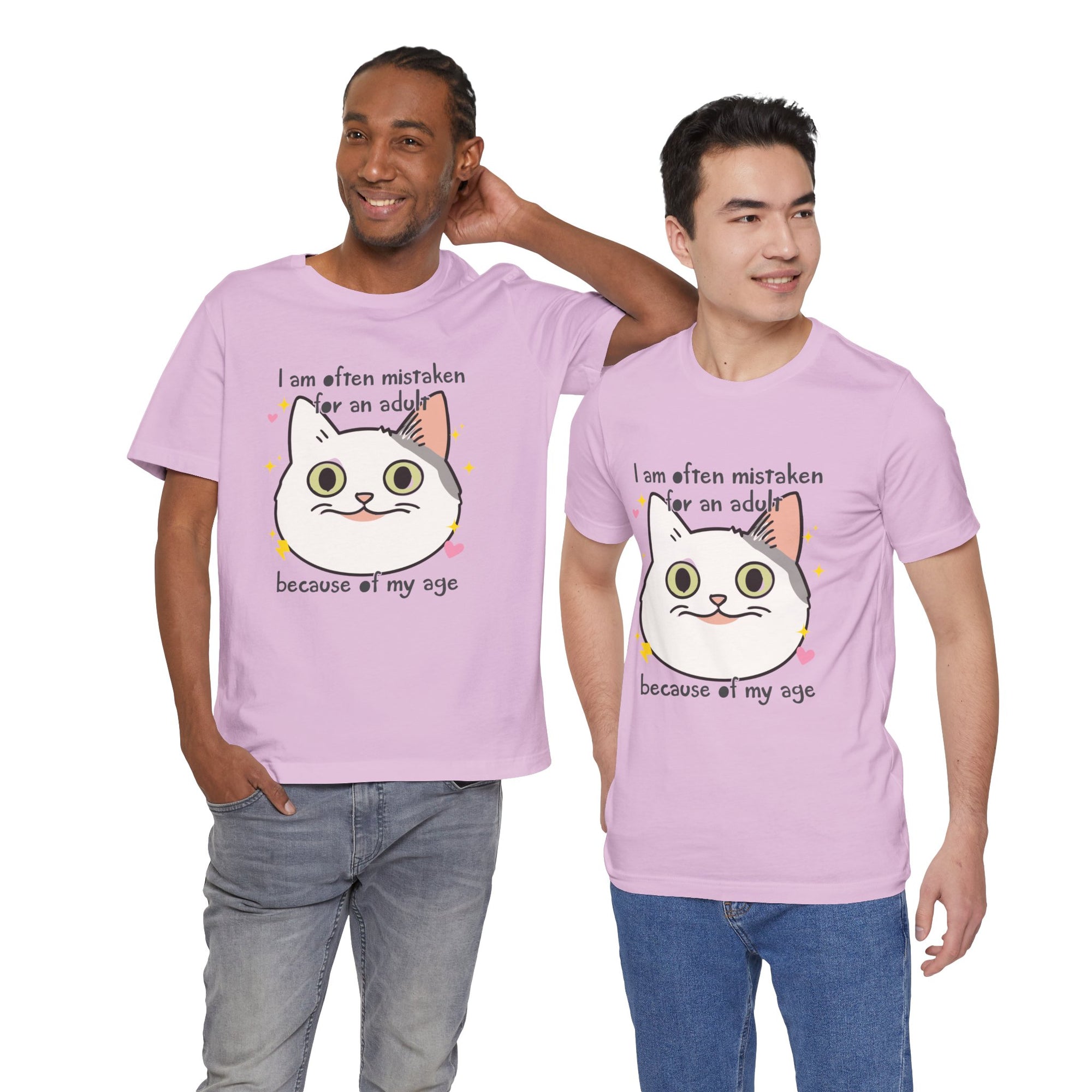 Two men wearing pink t-shirts with a cat and text on a white background