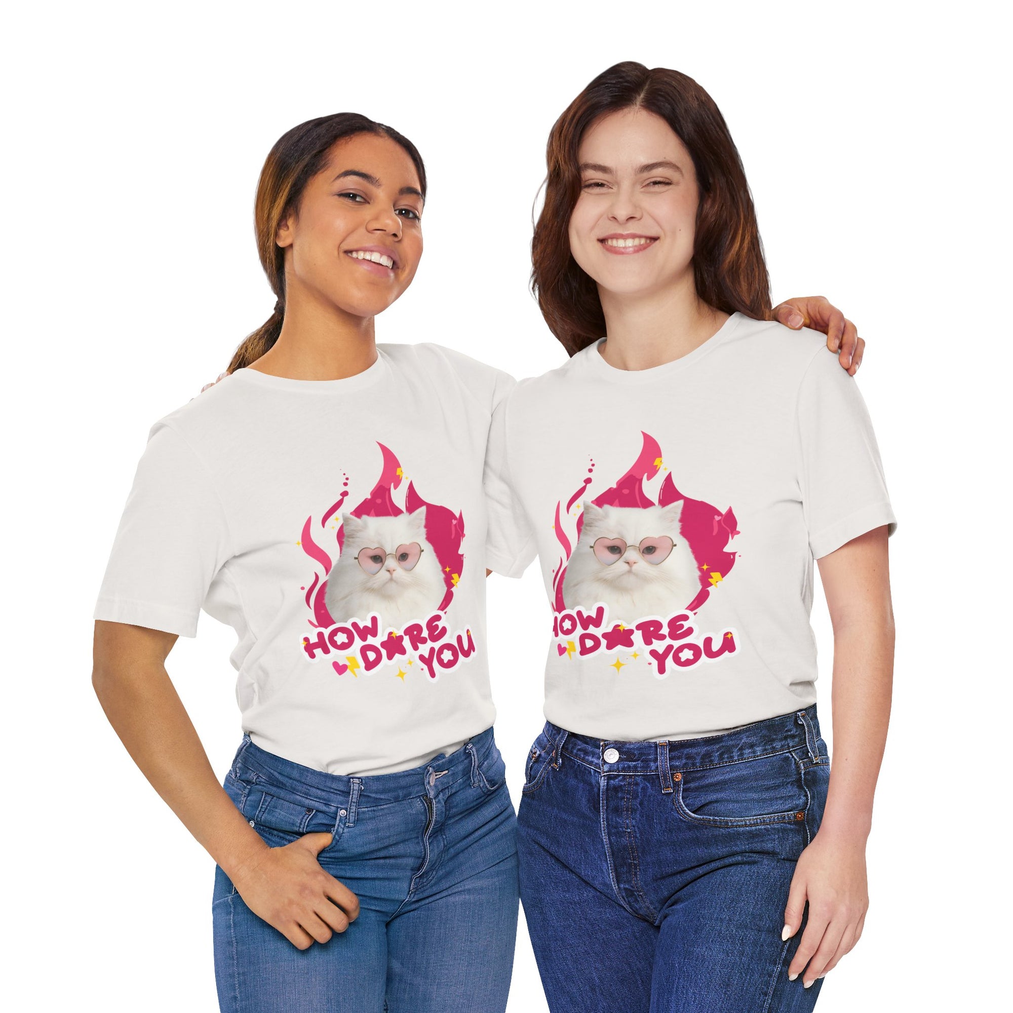 Two people wearing white t-shirts with a cat graphic and text on a white background