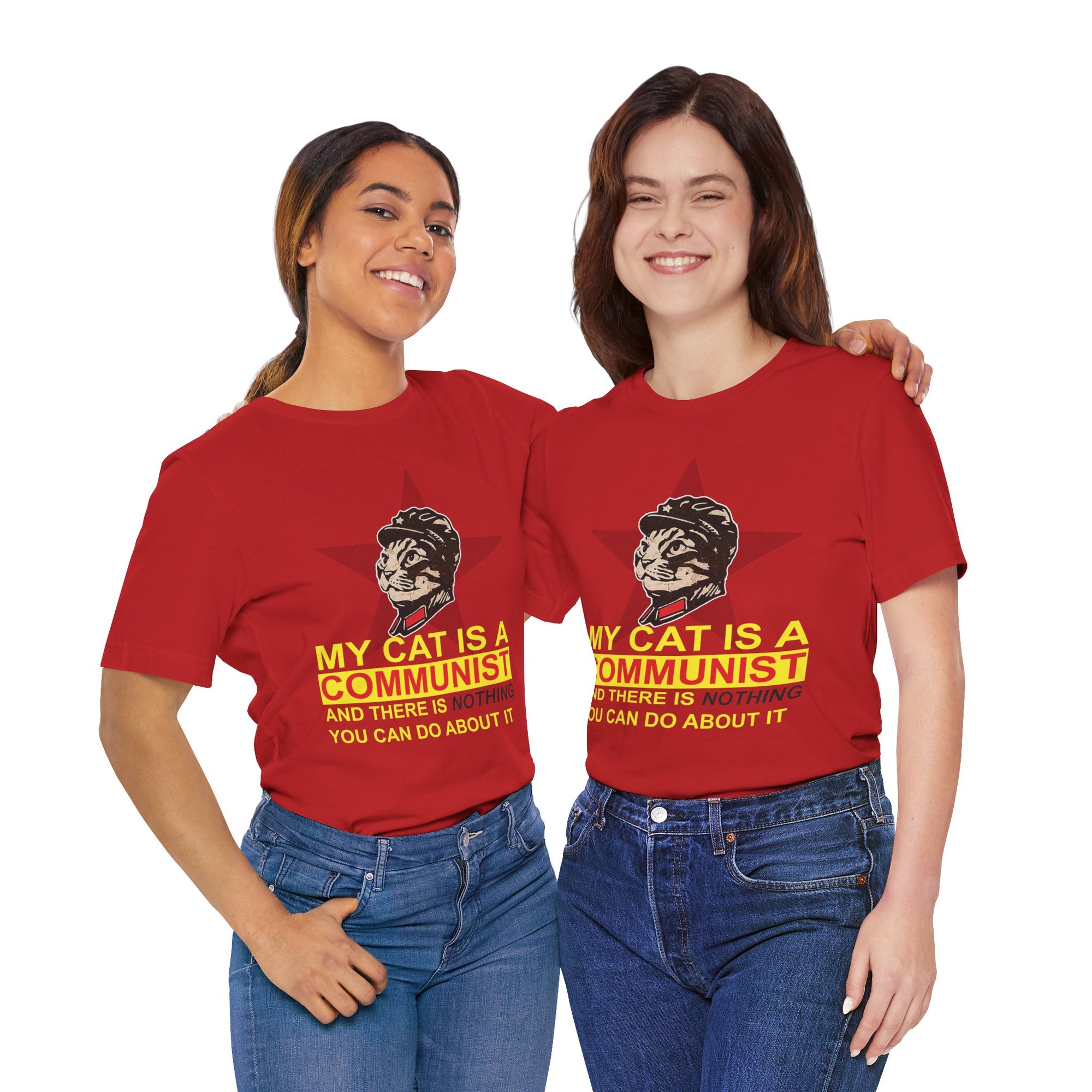Two women wearing red t-shirts with a graphic design and text on a white background