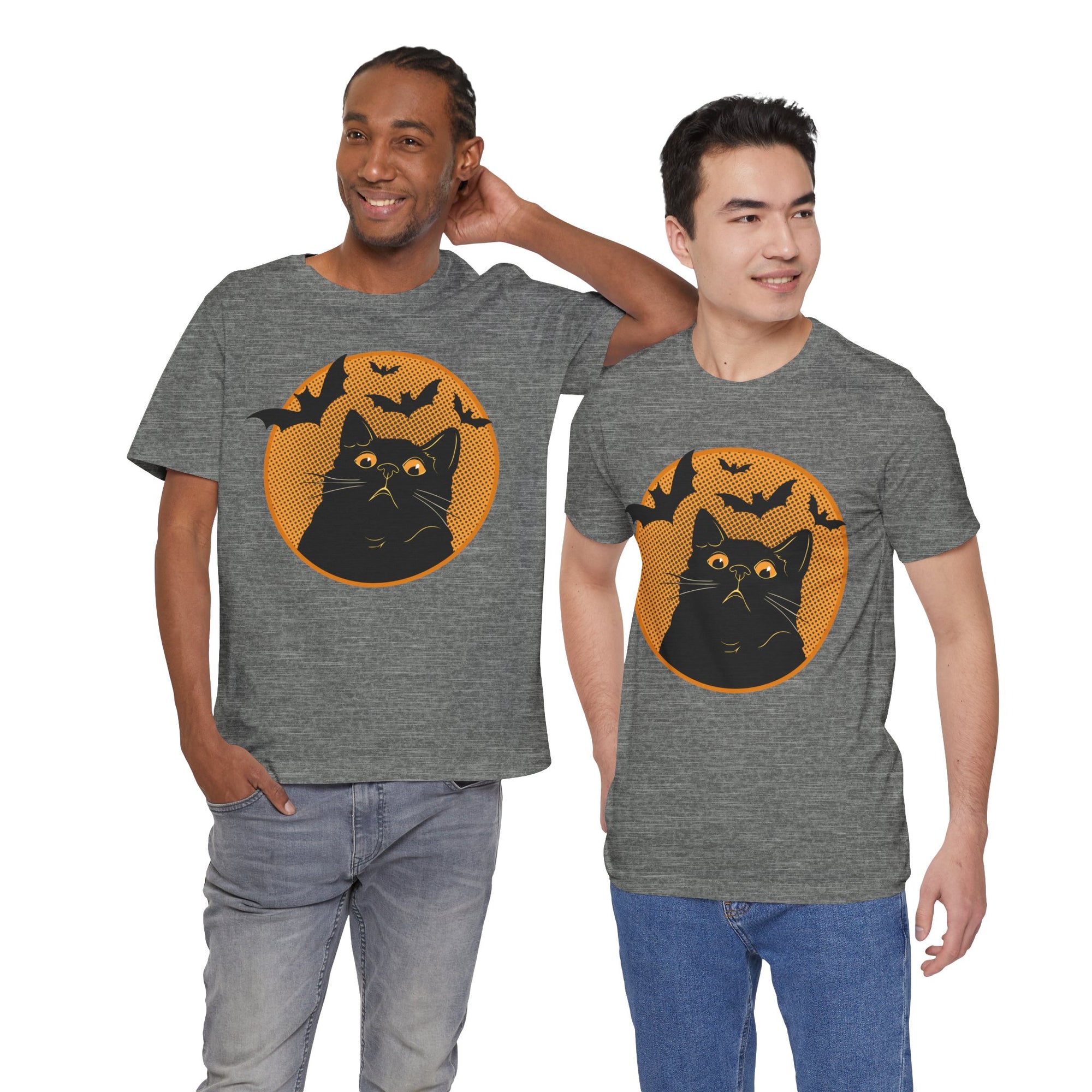 Two men wearing gray t-shirts with a black cat and bat design on a white background