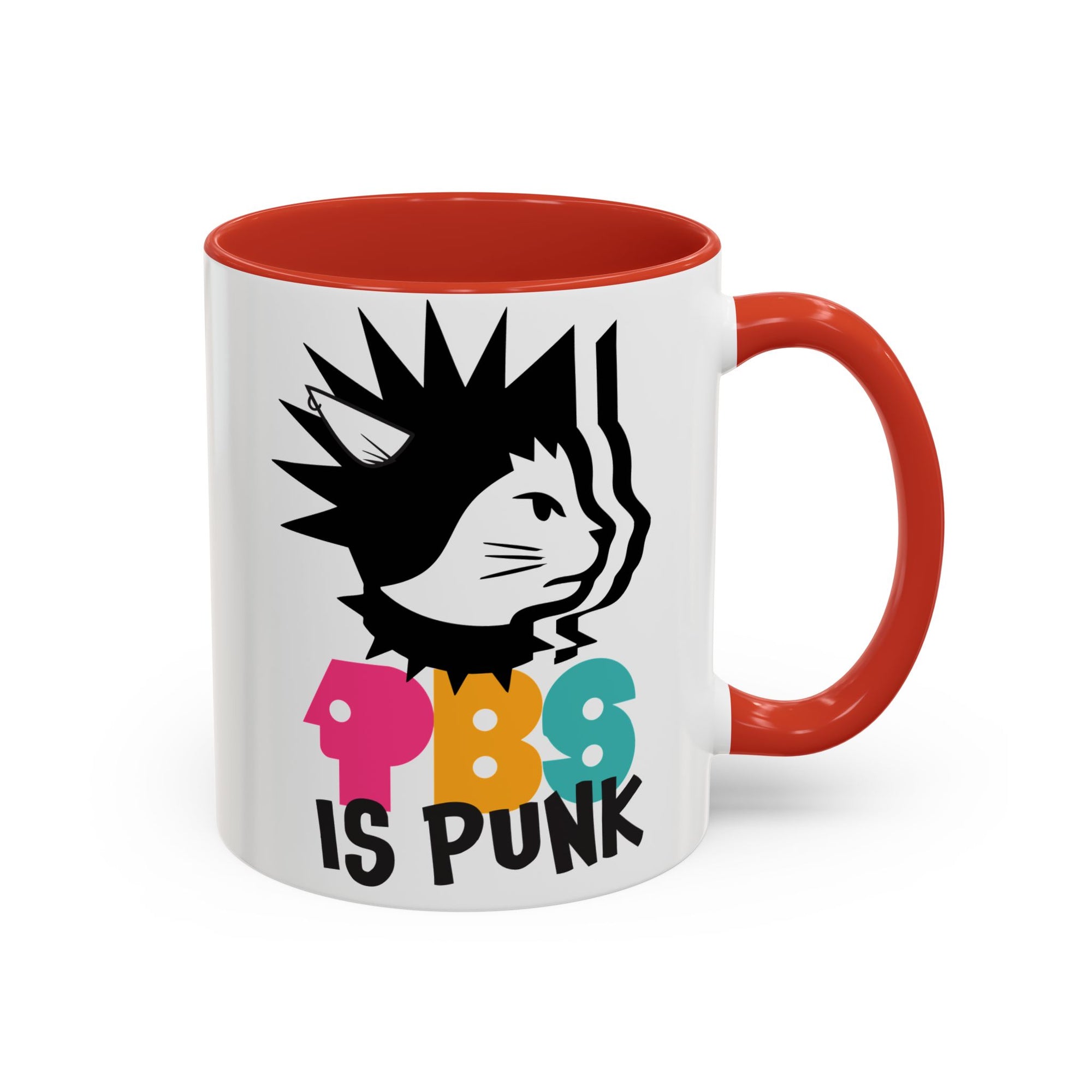 Mug with a graphic design of a cat with spiky hair and colorful text on a white background