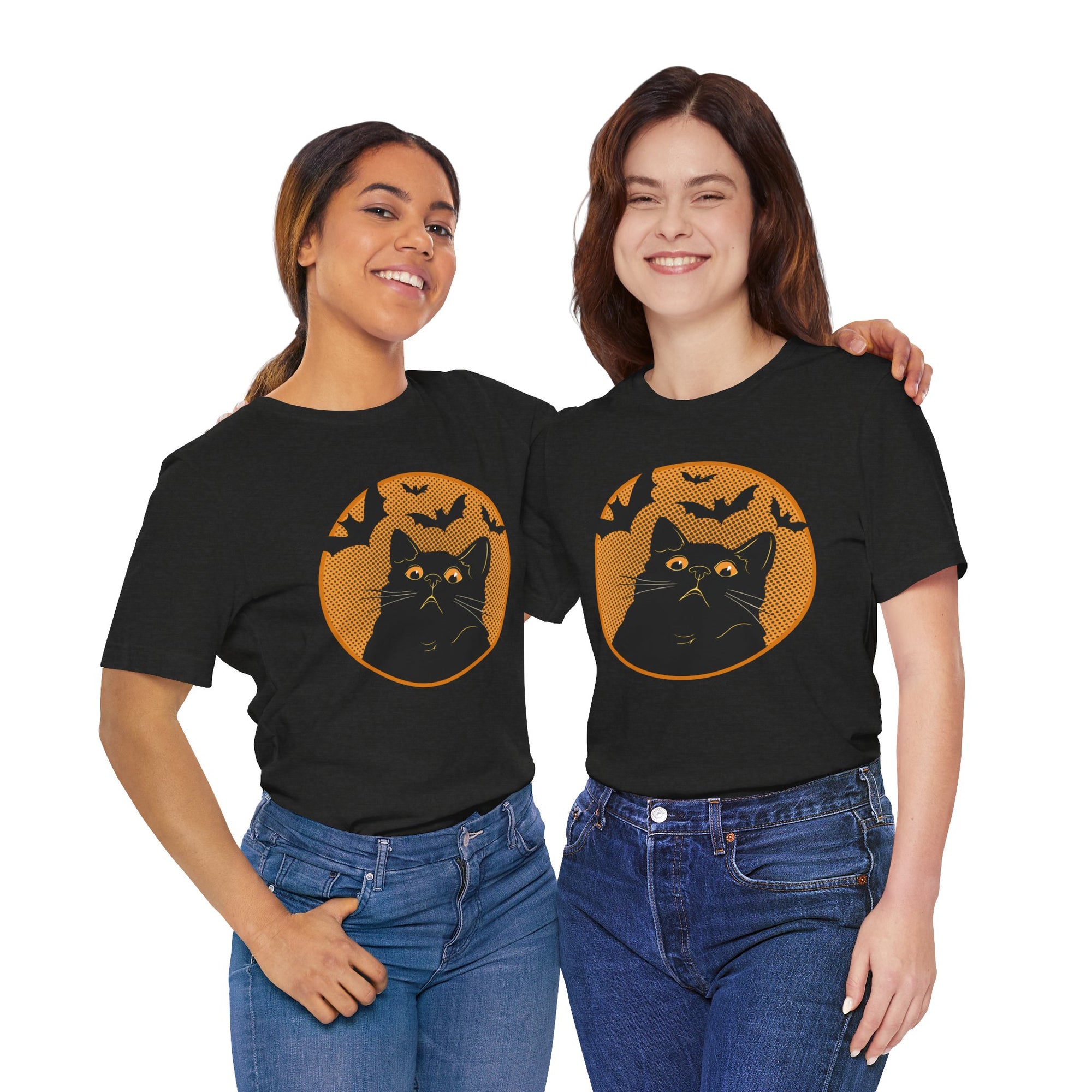 Two women wearing black t-shirts with a cat design on a white background